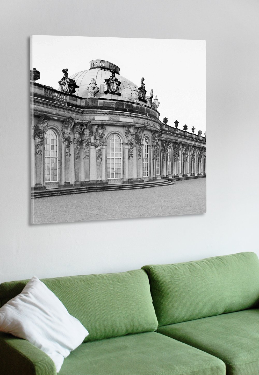 Stampa su Tela in Bianco e Nero con Motivo Potsdam: Schloß Sanssouci - Stampa su Tela nel Formato 50 x 50 cm - Originale Idea Regalo di Disegno da Potsdam