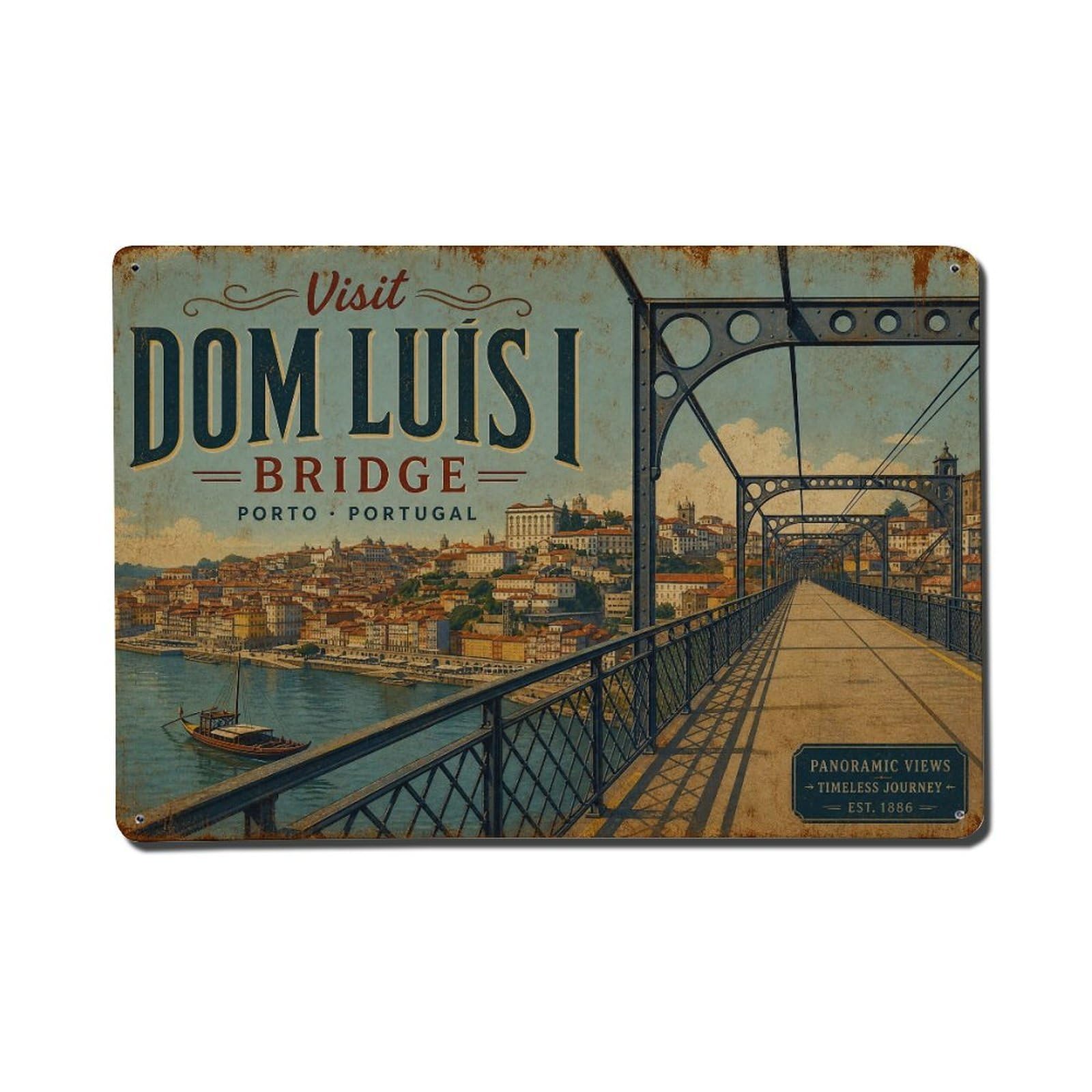 Vintage Travel Dom Luis Bridge Upper Deck View Portugal Metal Tin Sign