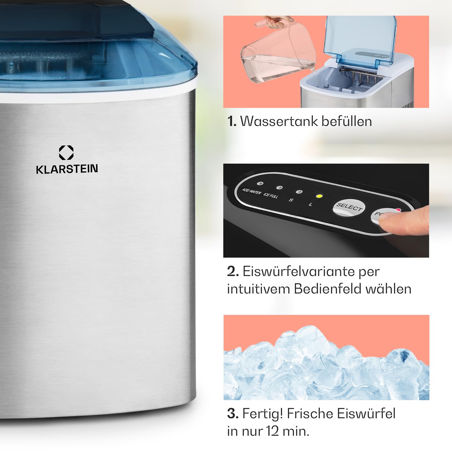 Klarstein On-The-Rocks - Eismaschine, Eiswürfelbereiter, Eiswürfelmaschine, 12 kg / 24 h, 120W, 2 Würfelgrößen, 6-12 min, 2,1 Liter Wassertank, Selbstreinigungsprogramm, Edelstahl, schwarz
