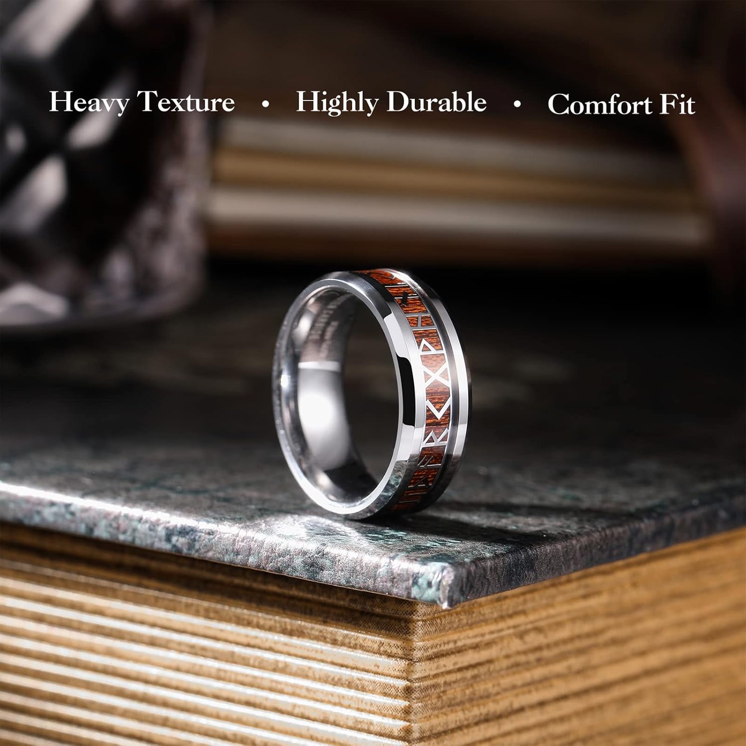 King Will Tungsten Carbide Wedding Band for Men - 8mm Black/Silver/Gold Plated with Norse Viking Rune & Hawaii Koa Wood Inlay Mens Ring, Polished Beveled Edge for Daily Wear, Comfort Fit Size 7-14