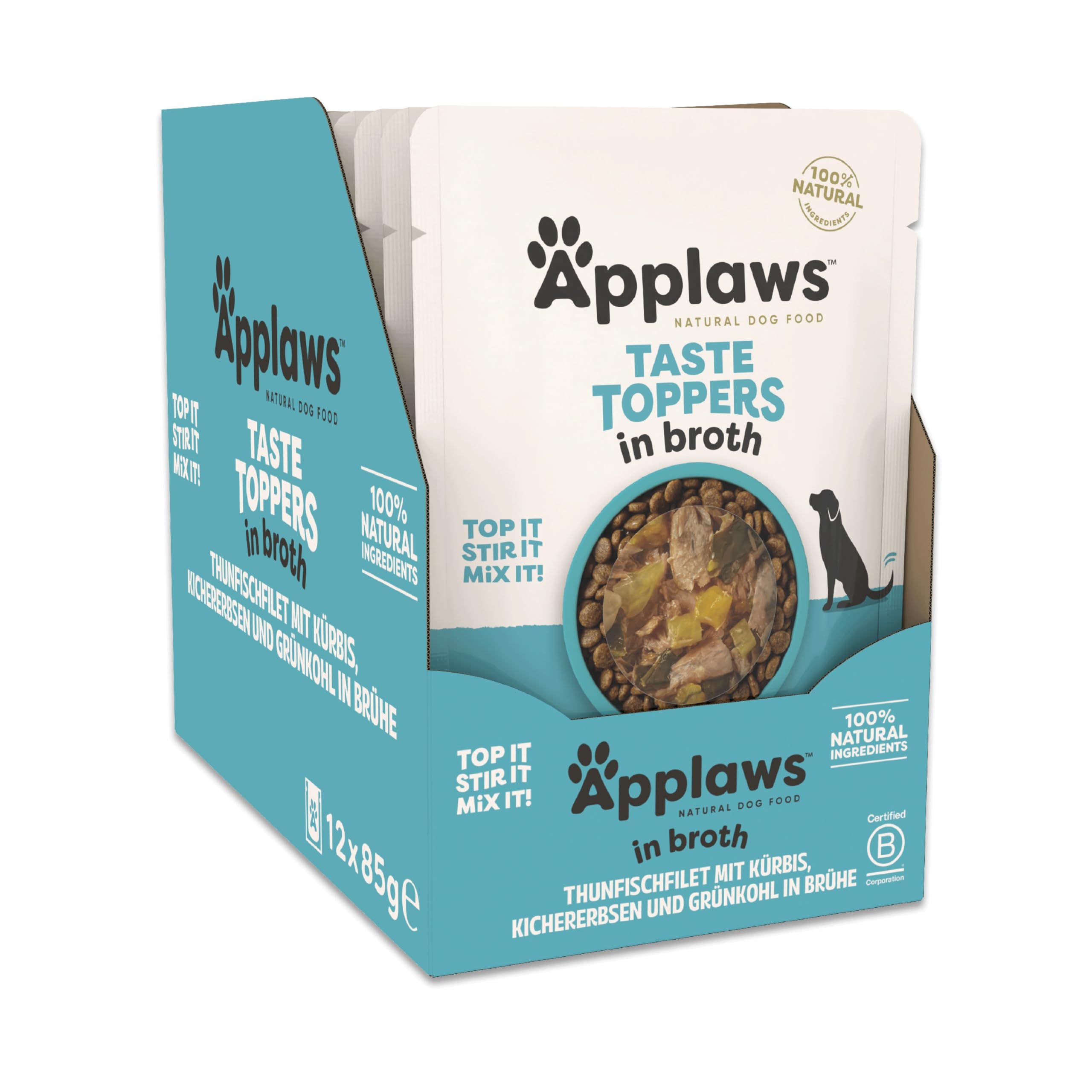 Applaws Premium Natural Nassfutter für Hunde, getreidefreier Fisch mit Gemüse in Brühe, Topping für Hunde 12 x 85g Packung