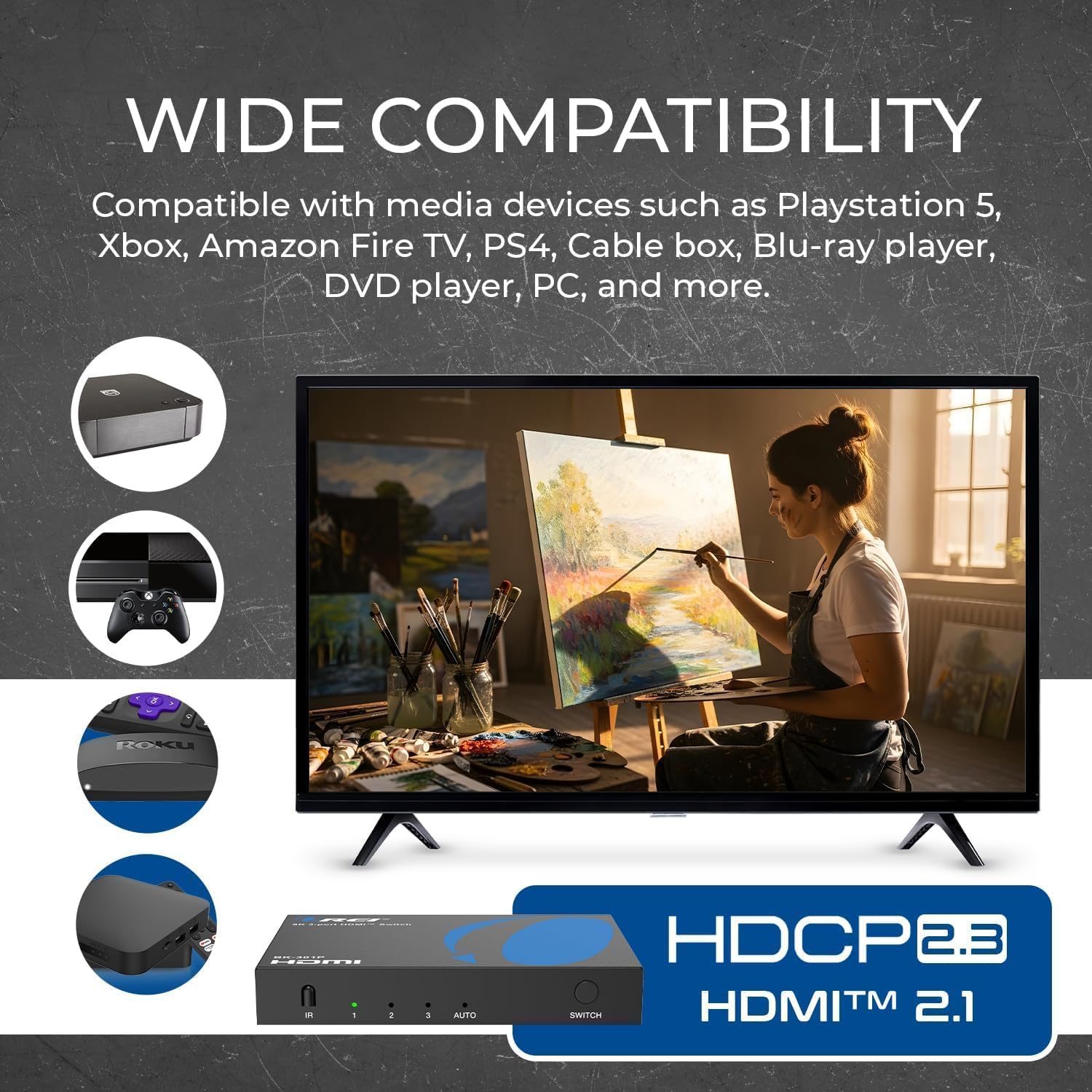 OREI 8K 3-Port HDMI 2.1 Switch, 3 Zoll 1-Out, 8K @ 60Hz, manueller & automatischer Schalter
