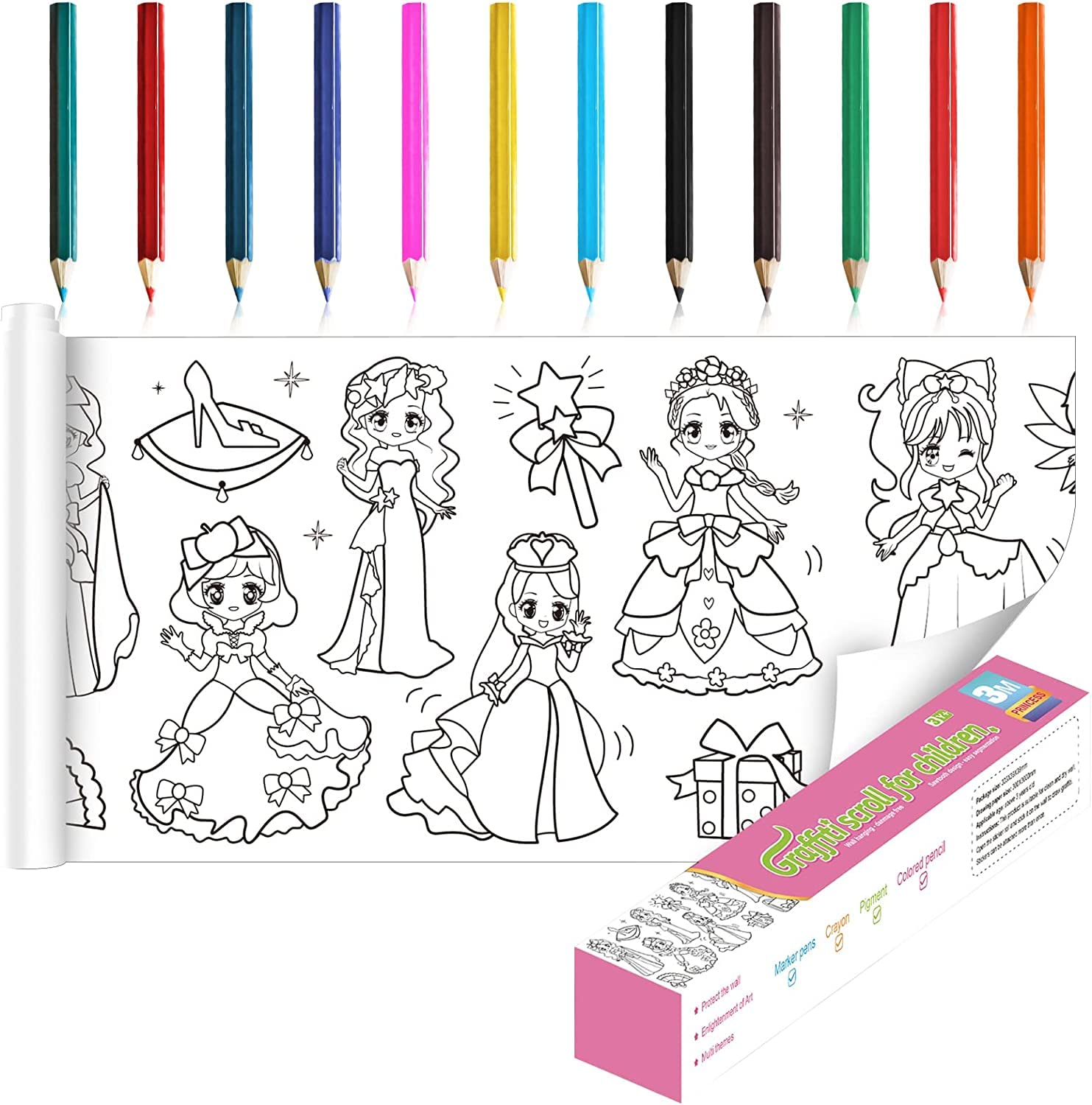 OneNine Children’s Drawing roll, 30 * 300cm Coloring Paper Roll Drawing Color Filling Paper for Toddlers, Coloring Poster Drawing Roll Coloring Book DIY Arts Crafts (Cute Princess)