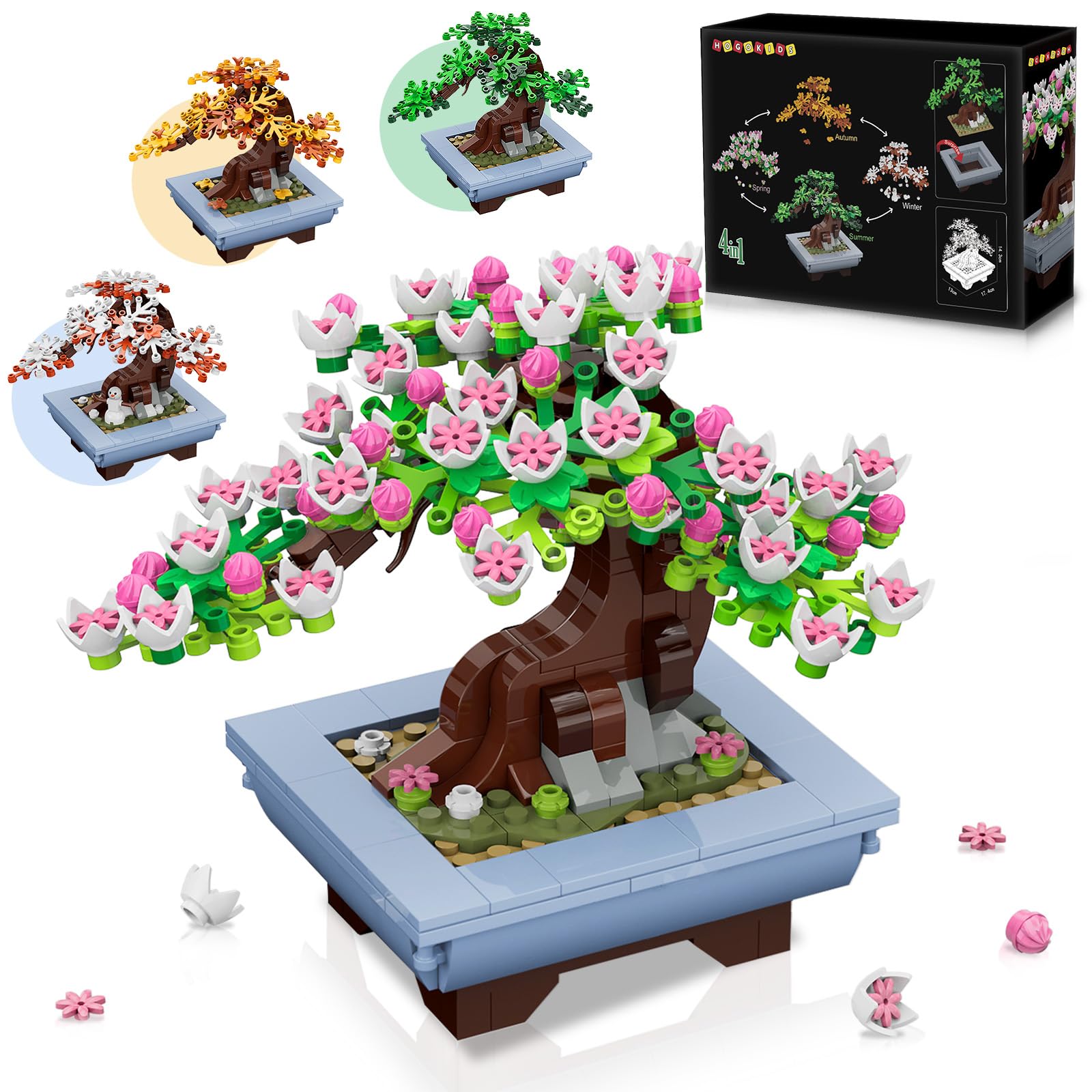 HOGOKIDS Botanicals Blumen Bonsai Baum - 4in1 Kunstpflanzen Set für Erwachsene - Kirschblüten Botanik Kollektion Flowers Home und Zimmer Deko Set - DIY Kunstblumen Geschenkidee für Frauen und Männer