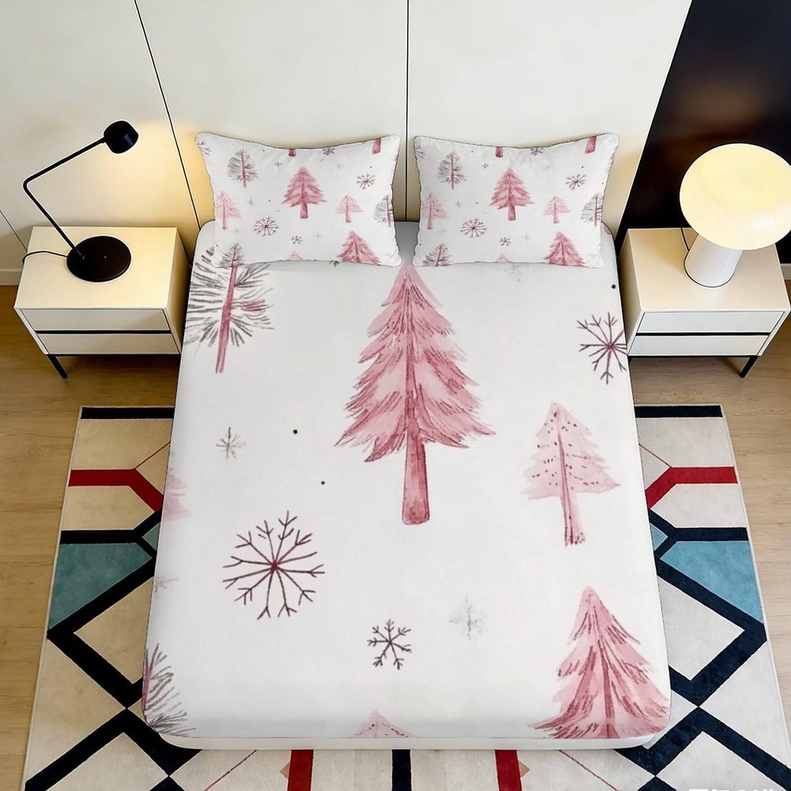 3D Printed Pink Christmas Tree Fitted Sheet Microfiber Soft Breathable Snowflake Bed Sheet for Bedroom Dormitory Guest Room Mattress Cover Protection 160x200x25cm