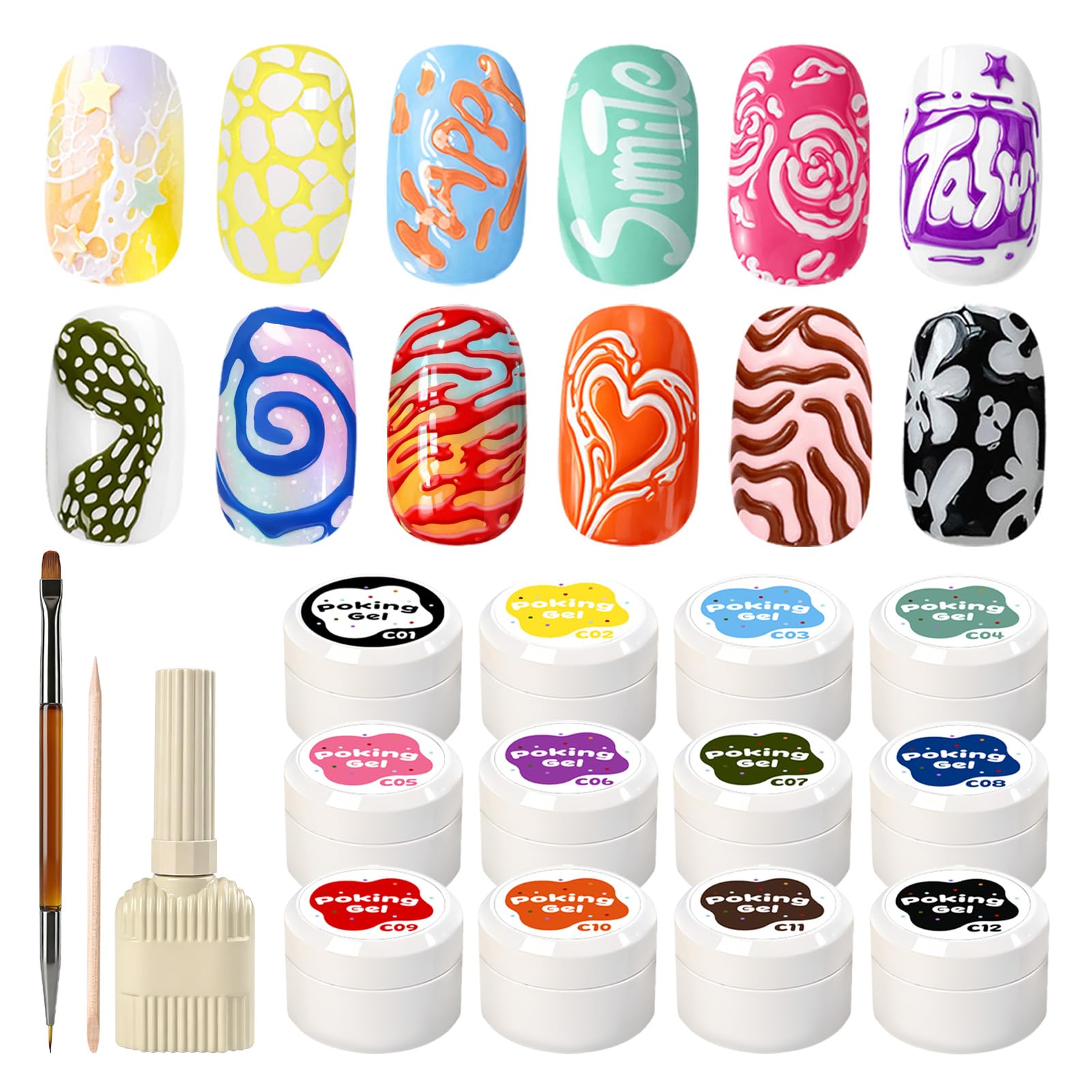 GJYUQHUA 12 Colors Poke Gel Nail Polish Set with Professional Base Gel Wooden Sticks File Brush for Painting