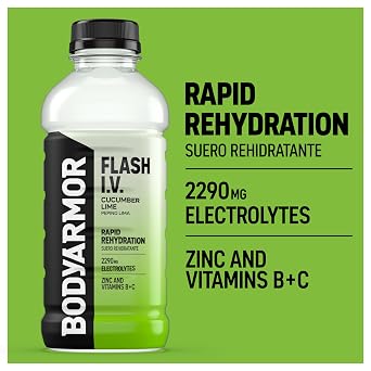 BODYARMOR Flash I.V. Electrolyte Beverage, Cucumber Lime, Hydration Drink with Coconut Water For Rapid Rehydration, Post Workout Recovery, 20 Fl Oz (Pack of 12)