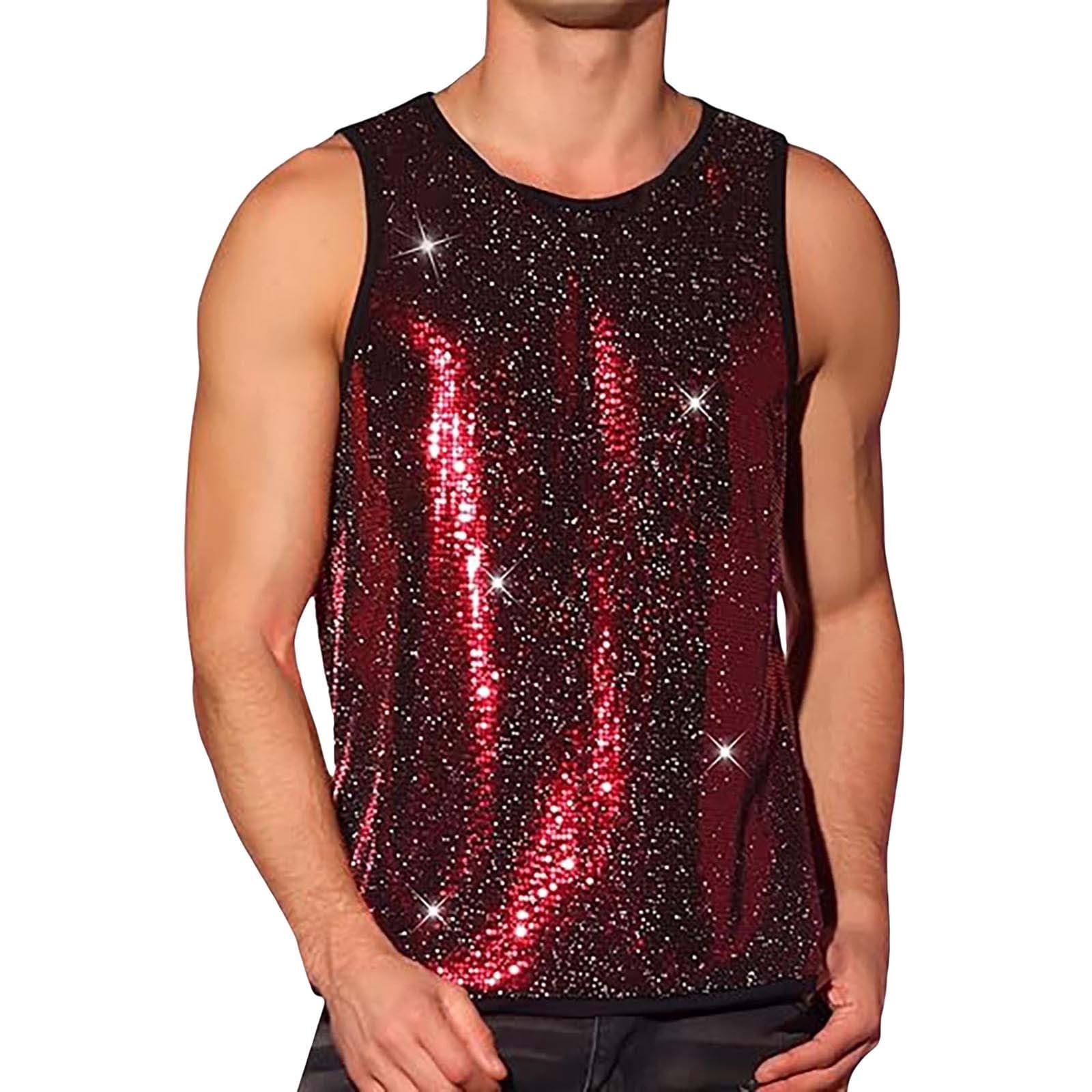 Herren-Tanktop mit Pailletten, ärmellos, glänzend, metallisch, Rundhalsausschnitt, glitzernde Westen, Disco-Party, Pailletten, schmale Passform, Glitzer-Tanktops für Nachtclub, Rave, Party,