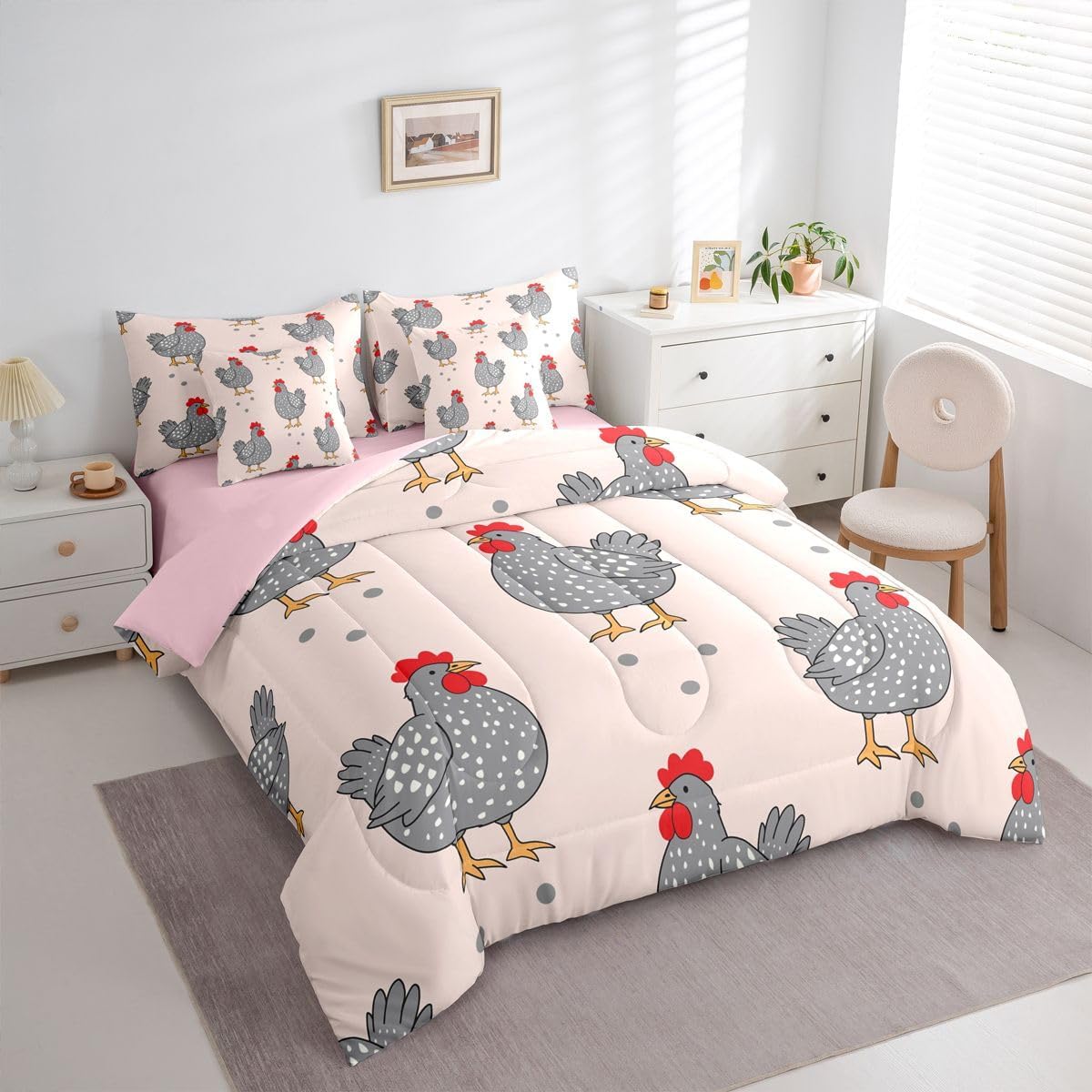 Erosebridal Rustic Chicken Comforter Set for Kids Boys Girls,Watercolor Rooster Bed in A Bag Full,Farmhouse Animal Bedding Sets,Country Wild Animal Reversible Bed Sets with Sheet Set,7 Piece