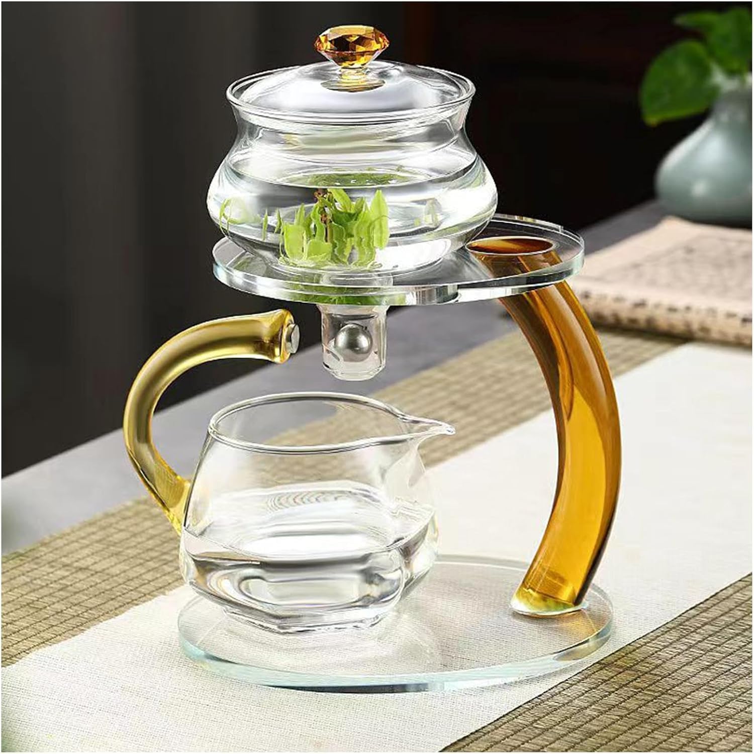 ,Magnetic Teapot with Golden Handle,Lazy Kung Fu Glass Tea Set,Semi-automatic Tea Set,Glass Teapot Set,High Temperature Resistant Home Kung Fu Magnetic Teapot,