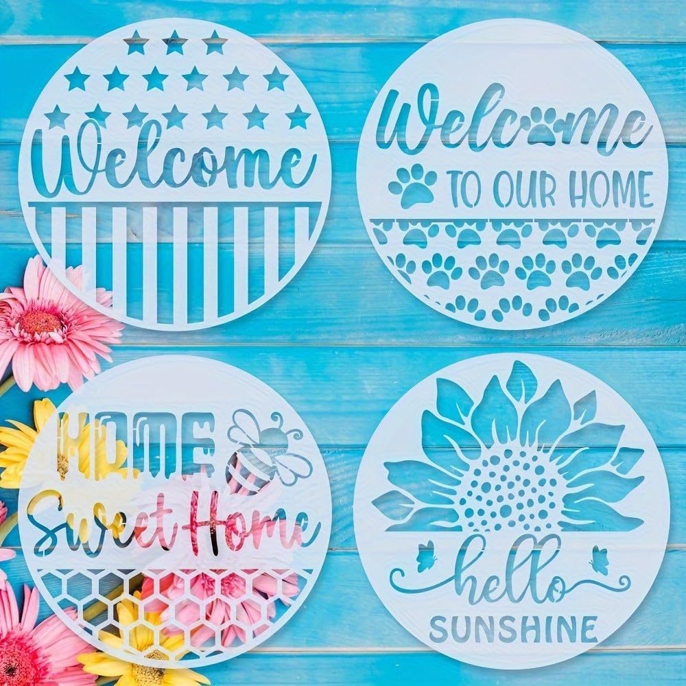Welcome Stencil 9pcs Reusable Plastic Templates Round Craft Paint Template 6 * 6 Inch Tree Stencils Painting on Wood Wall Canvas Floor Door