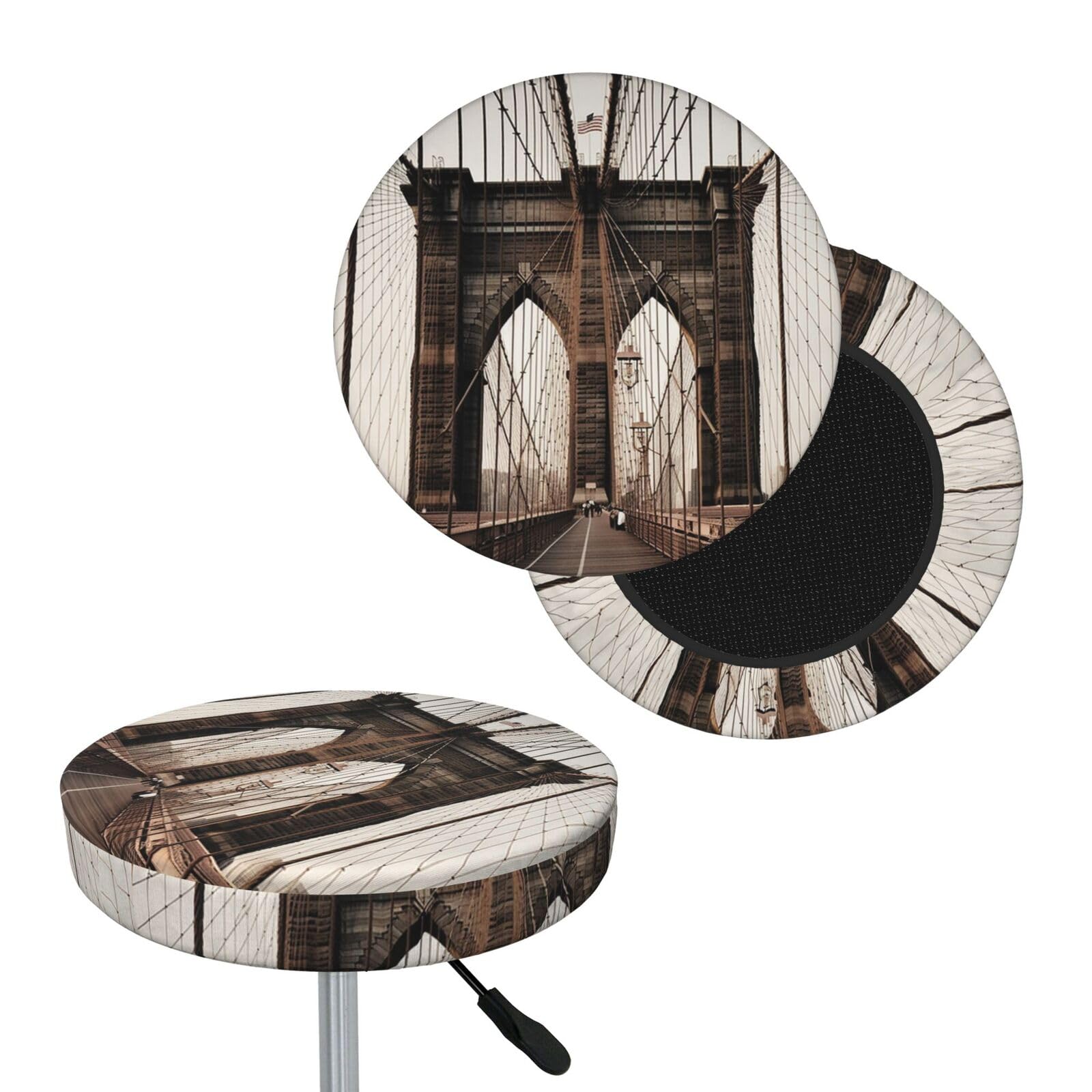 NONHAI Photo of Brooklyn Bridge Bar Stool Cover Round Elastic Stool Cushion Covers Dustproof Bar Chair Cover Washable Stool Cushion Slipcover Stretch Stool Seat Covers for 12-14 Inch Chair