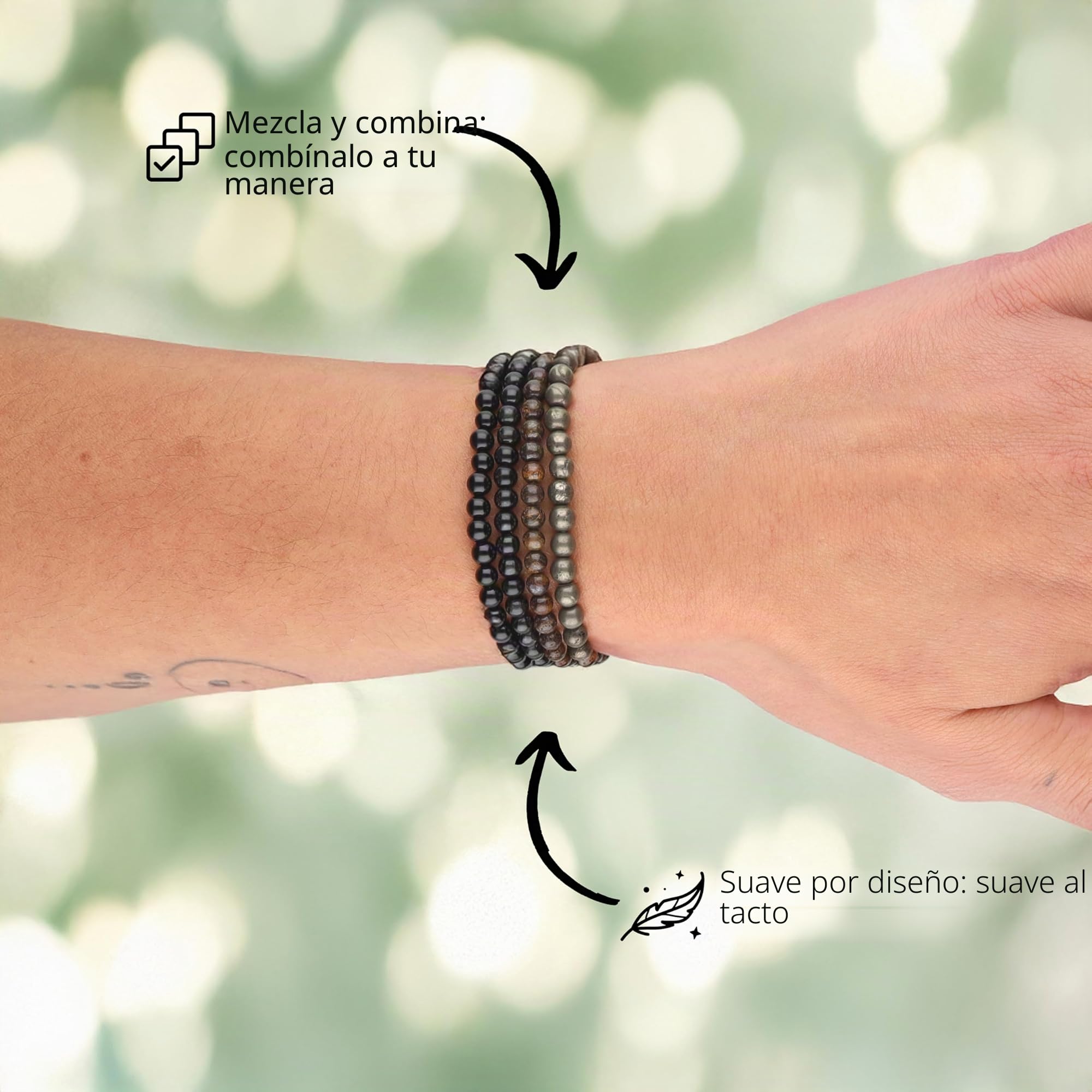 Lebensquelle Plus Pulsera de bolitas pequeñas | 4-5 mm | Pulsera de piedra preciosa superior, 19 cm, flexible