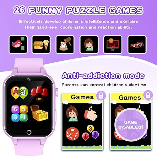 Miniatura 5 de Relojes inteligentes para niños de 5 a 12 años, 26 juegos, pantalla táctil de alta resolución con cámara de video, reproductor de música, podómetro,