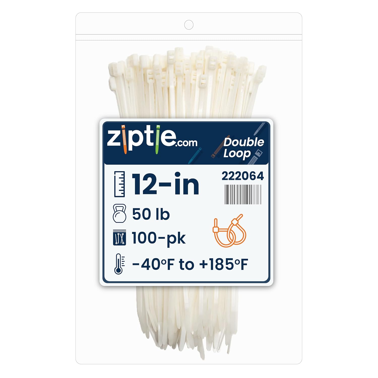 ZipTie.com 12-inch Natural Double Loop Cable Tie, 50-lb Tensile Strength, 100-Pack