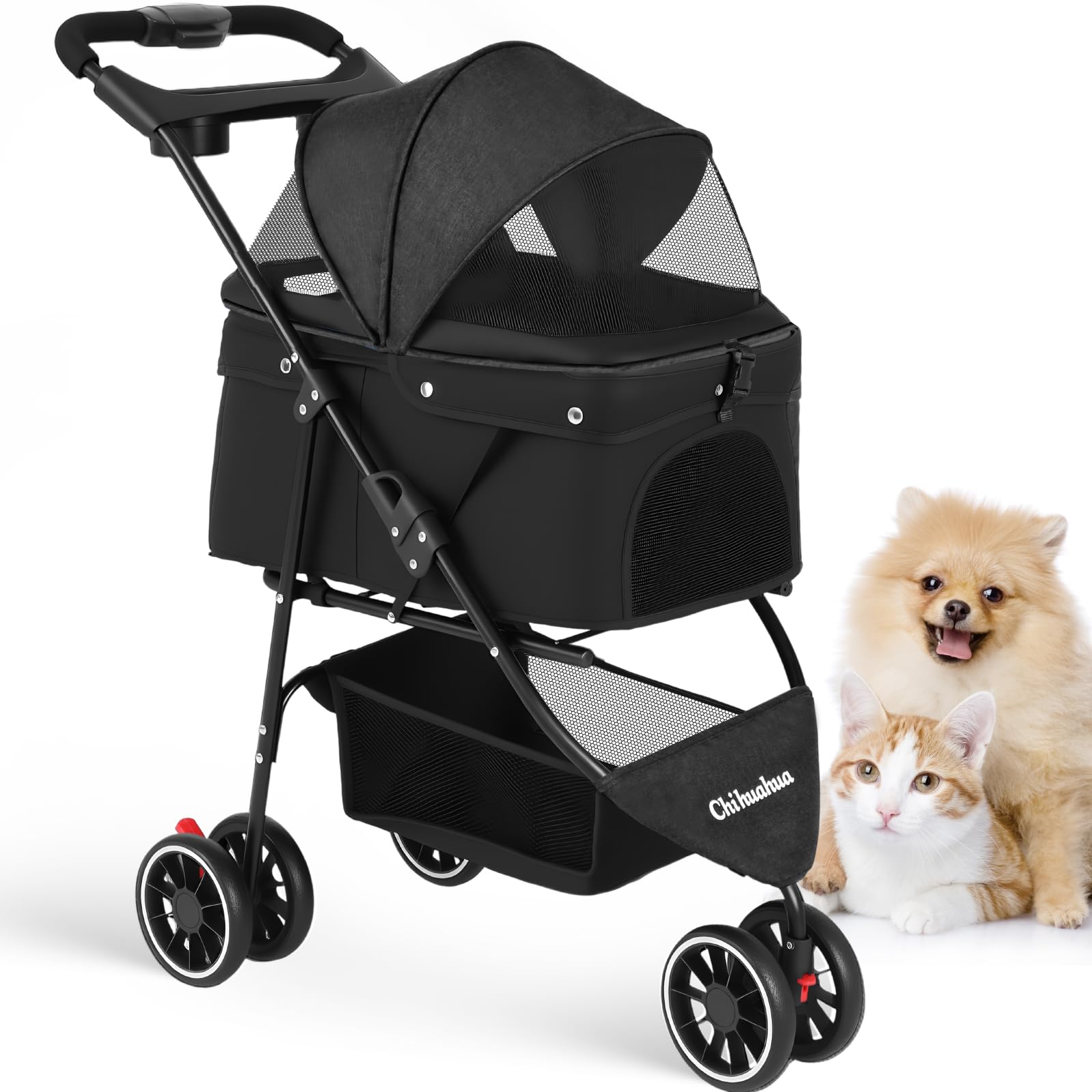 Pet Stroller,Dog Stroller for Small Medium Dogs Cats,3 Wheels,Foldable,with Breathable Mesh Canopy,Cup Holders,Easy Assembly,Black