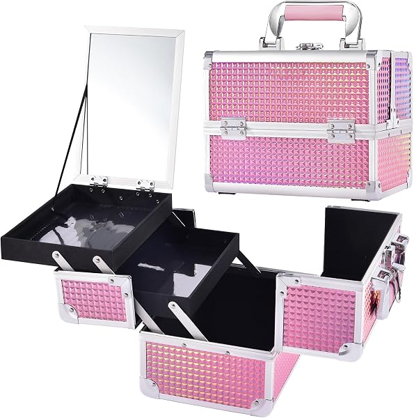 Joligrace Mallette Maquillage avec Miroir Valise Vanity Rangement Coiffure Malette à Onglerie Beauty Case Femme Voyaga Bijoux Boîte Coffret Cosmétique Makeup Organisateur Professionnel Rose - 1