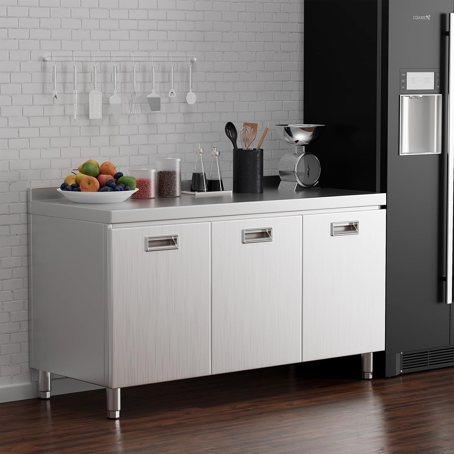 ZZV Stainless Steel Table Cabinet for Prep & Work 21 x 59 Inch, Heavy Duty Prep Table with 3 Pull-Out Doors, Commercial Workbench/Kitchen