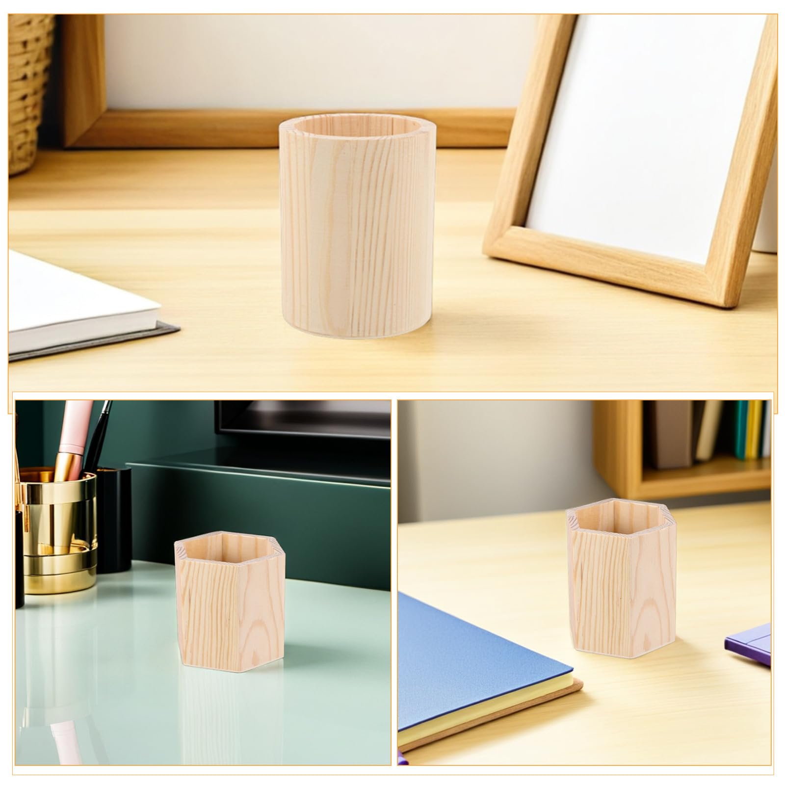 4 Portalápices de Madera Natural para Escritorio Organizador Hexagonal y Redondo DIY Contenedor Rústico para Pinceles de Maquillaje y Papelería Set de 4 Unidades Beige