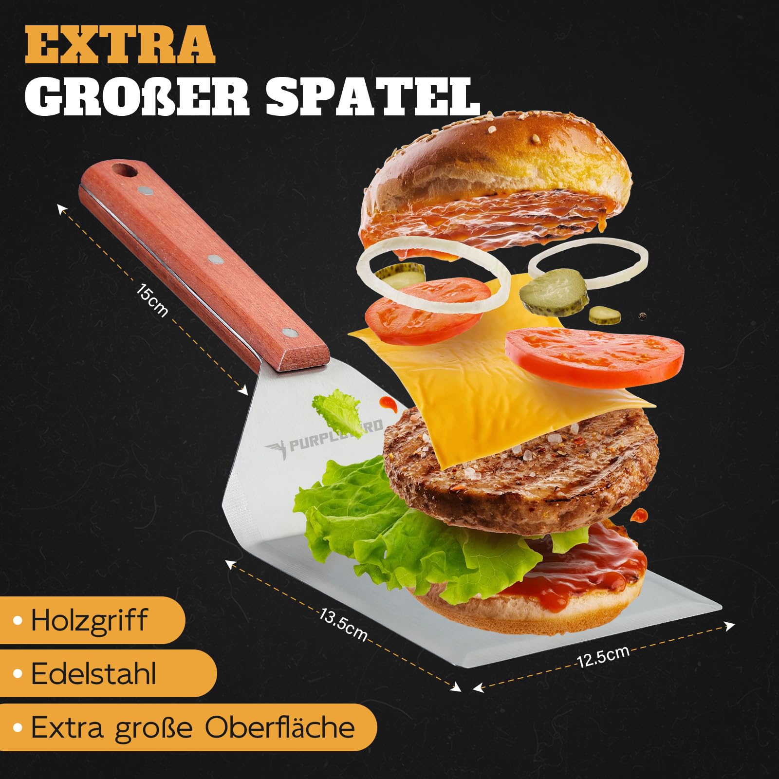 PURPLEBIRD Juego de Espátulas para Parrilla de Acero Inoxidable, Juego de Espátulas para Plancha con Espátula Grande para Parrilla para Aplastar Hamburguesas, Regalos para Parrilla para Hombres
