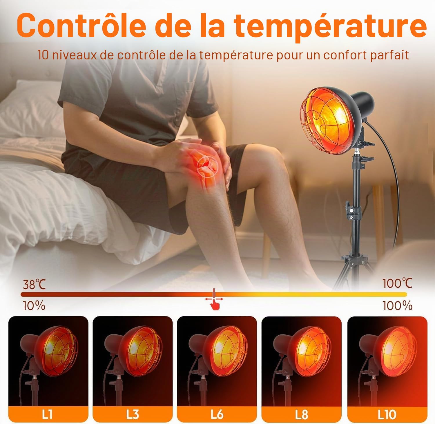 Lampe infrarouge 150W, température réglable | Chaleur 30–60°C, +50% pénétration, 10 niveaux, minuterie 5–60 min, hauteur 58–116cm