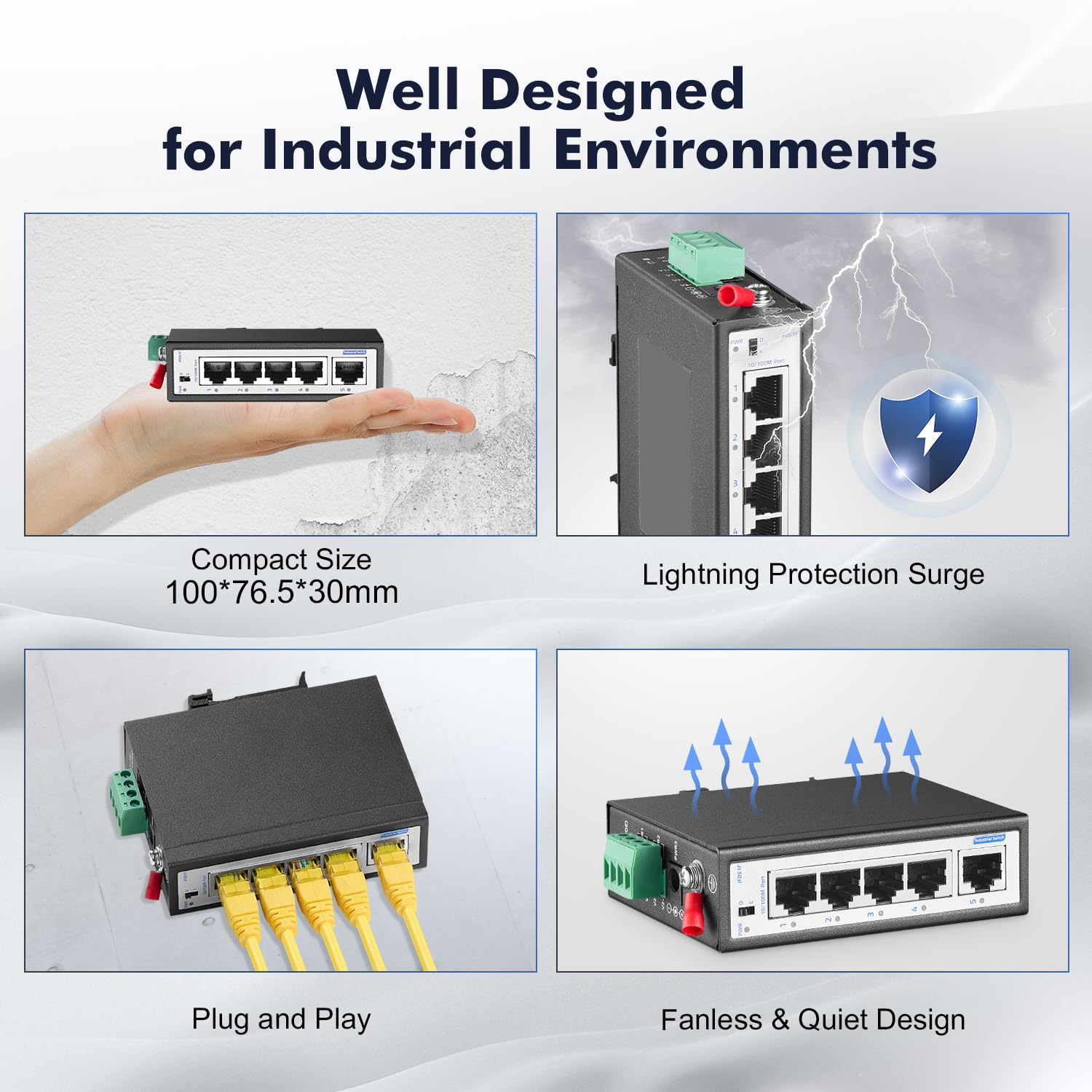 YuLinca 5 Port Industrial DIN-Rail Switch, 4 Ports and 1 Uplink, 10/100Mbps Fast Ethernet, DIN Rail & Wall Mount Included, Unmanaged IP30 Industrial Switch