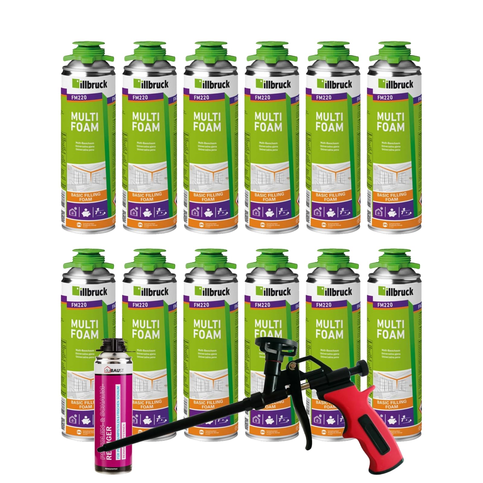 FM220 Bauschaum Montageschaum Pistolenschaum Multischaum Fensterschaum hohe Schalldämmung Wärmedämmung 500ml Kombisets (mit Reiniger AA290 + Schaumpistole Business, 12x 500ml)
