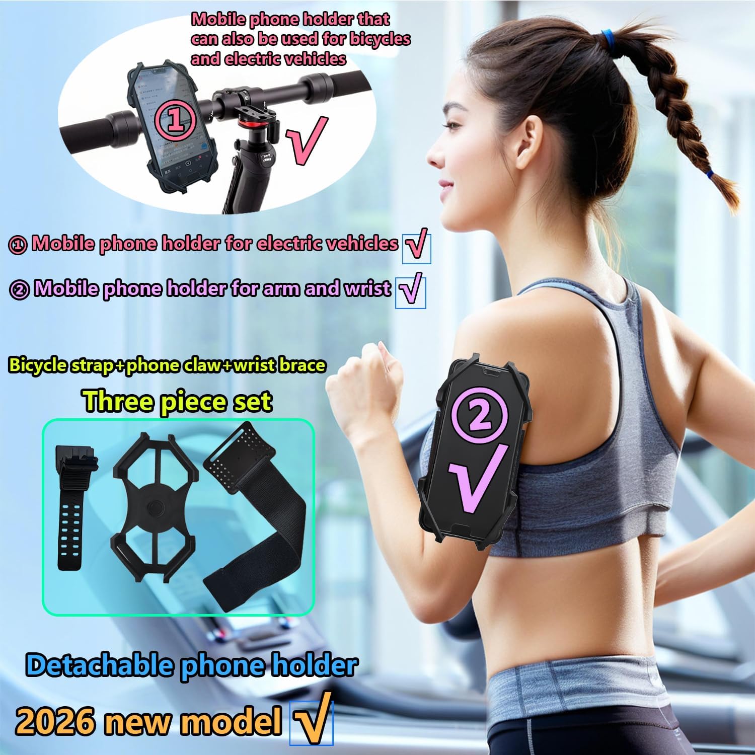 360° Rotatable Wrist Phone Armband, 2-in-1 Detachable Bike Phone Mount Holder for 4.4-7.2 Inch iPhone 15/14/13, Samsung Galaxy, Universal Cell Phone Holder for Running, Cycling, Hiking