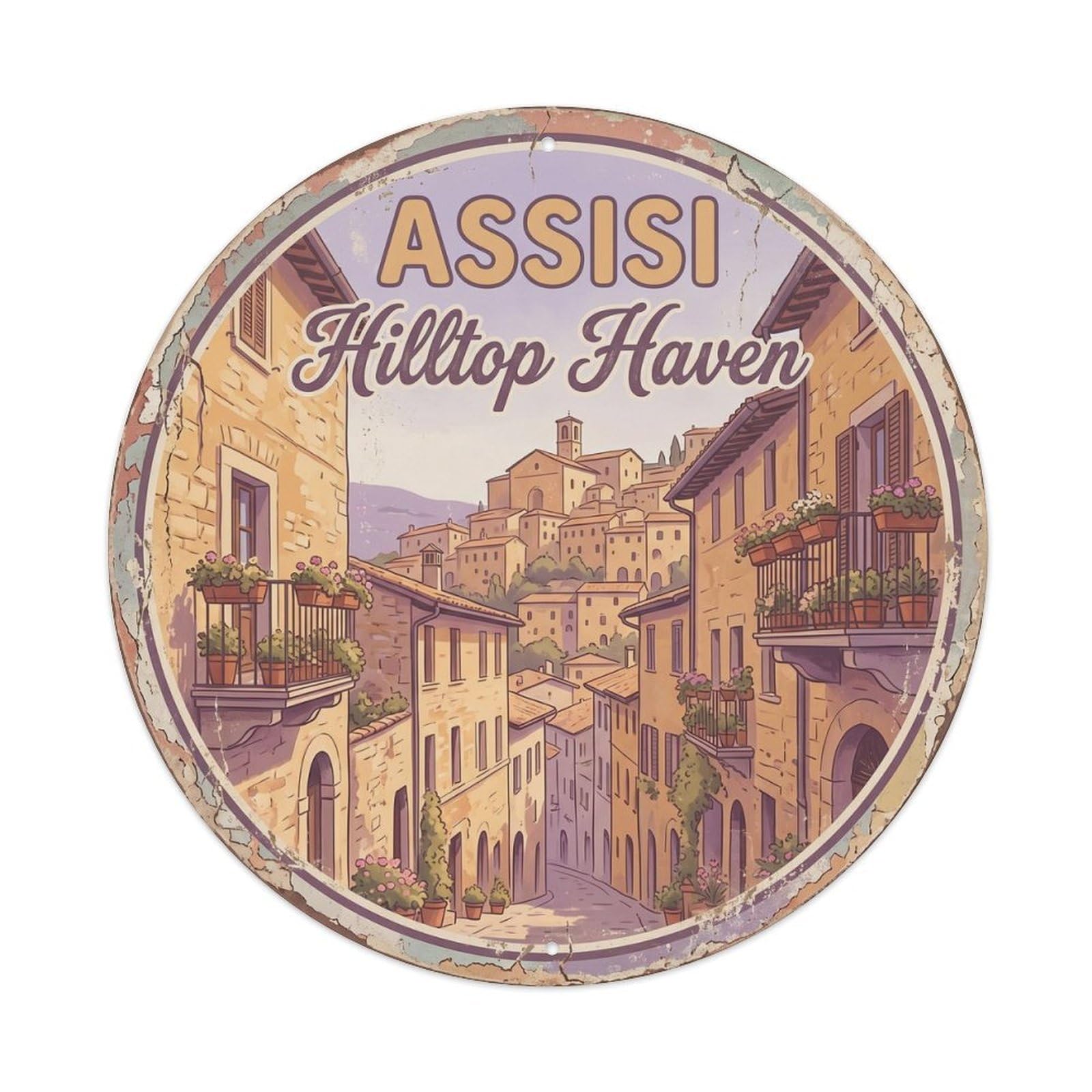 Vintage Travel Assisi Oldtown Italy Metal Tin Sign Plaque Wall Decor for Cafe, Club, Garden Round Metal Poster 8x8Inch