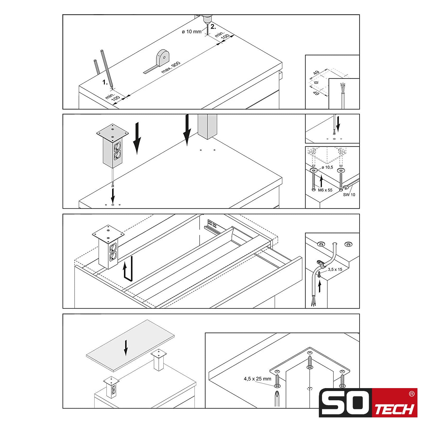 SOTECH Barkonsole gerade mit Steckdosen (70 x 70 mm, Höhe 170 mm, 30 Kg Tragkraft, Edelstahloptik) Konsole für Holzplatten oder Glasplatten