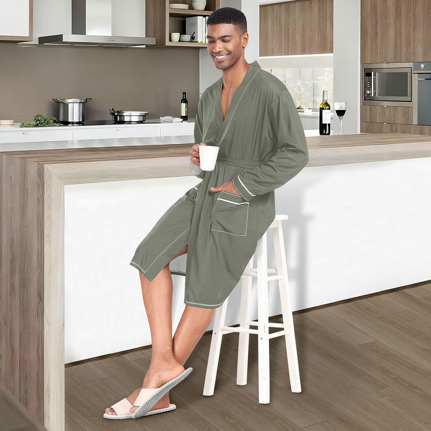 J JOYSAY Light Blue Mens Robe Lightweight Bathrobe With Pocket Long Sleeve kimono Sleepwear