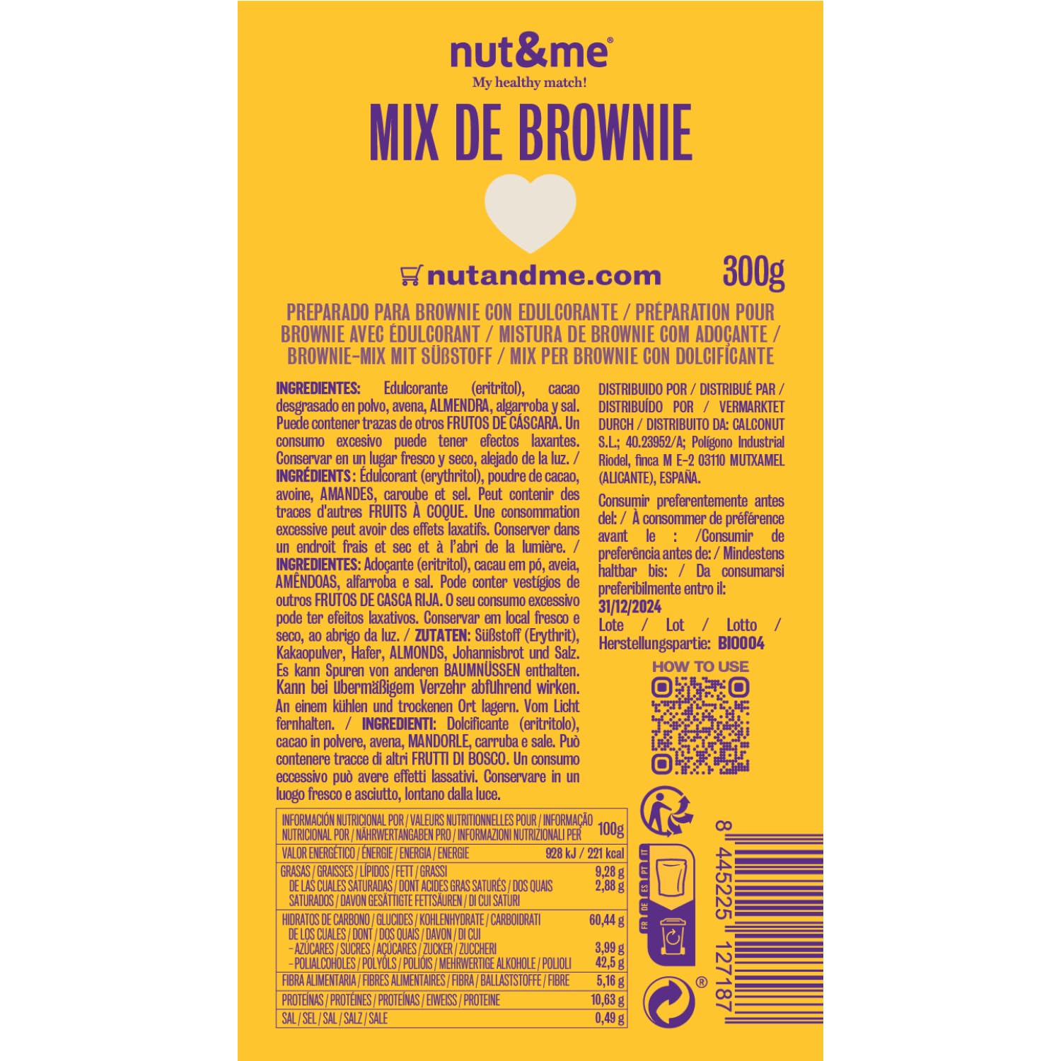 Preparado para brownie proteico 600 gr nut&me | Sin azúcar | Sin conservantes o aditivos |Contiene harina de almendra, avena y eritritol | Sin gluten | Vegano | 1 unidad = 8 raciones | Pack 2 x 300 gr