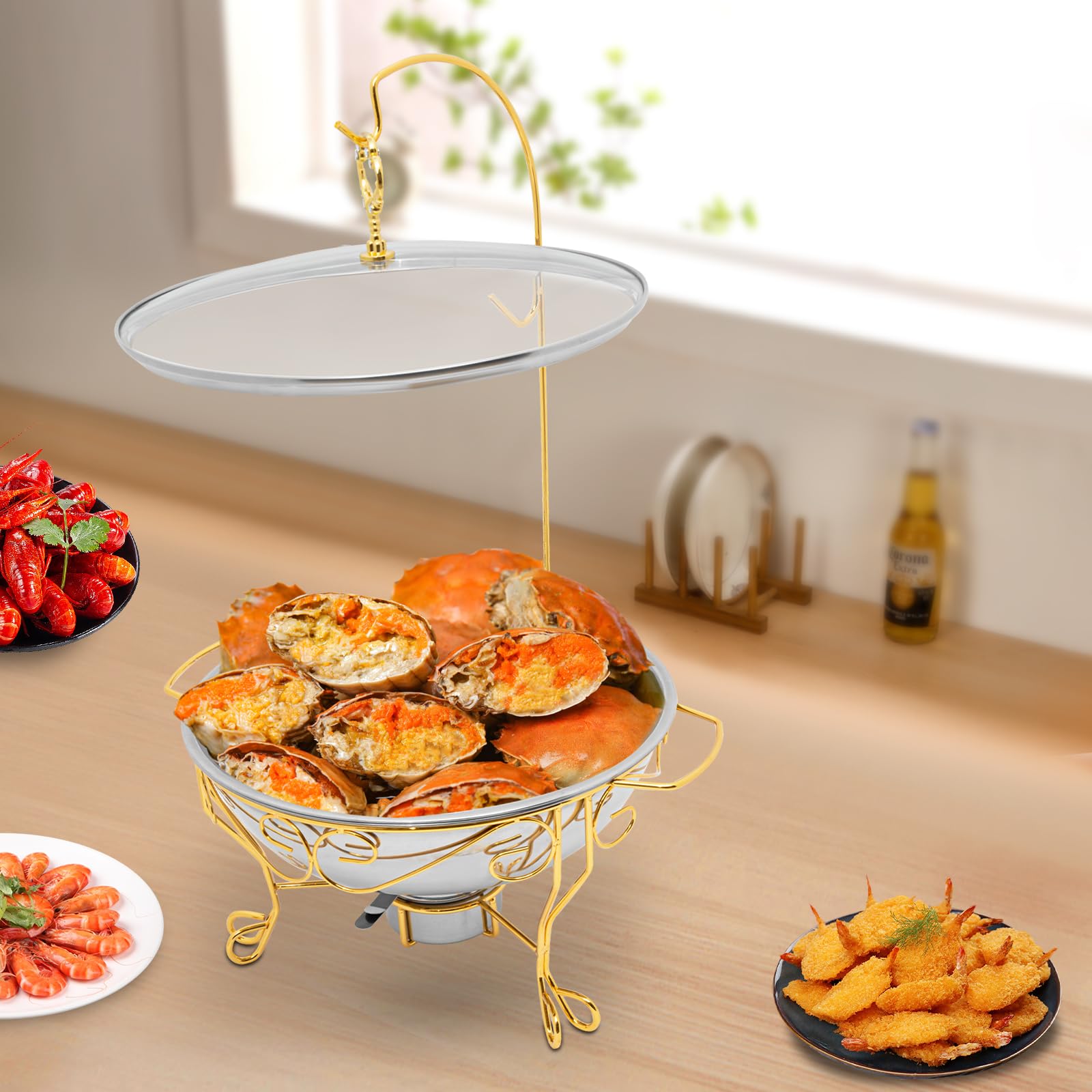 Rotondo Chafing Dish, 6 litri, in acciaio inox, diametro 360 mm, per buffet, feste, ristoranti (oro)