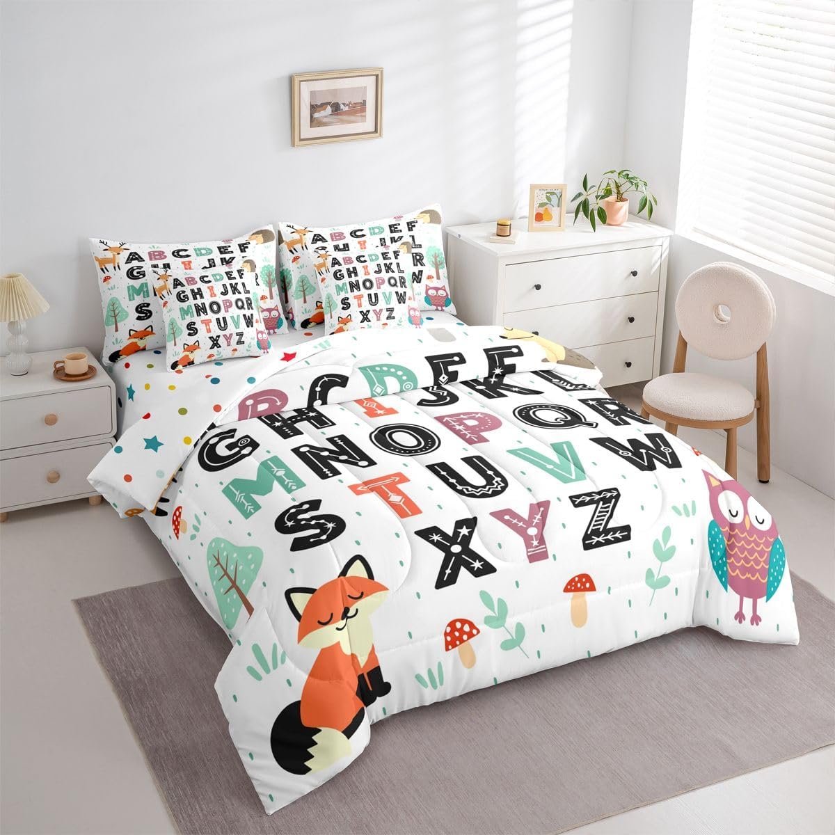 Feelyou Alphabet Kids ABC Learning Comforter Set with Sheets 7 Piece Queen Size Cartoon Owls Fox Hedgehog Bed in a Bag Kids Boys Girls Educational Art Bedding Set Woodland Animals Bedroom Decor