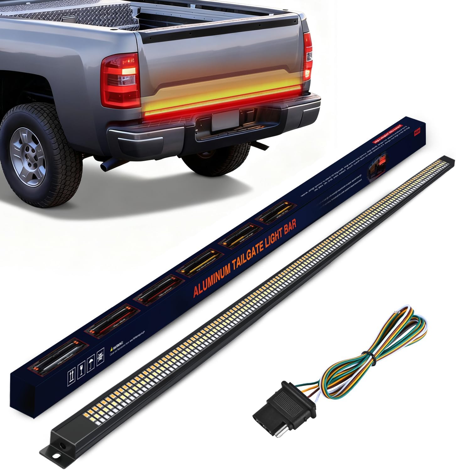 Nilight Truck Tailgate Light Strip 60" Aluminum Frame Triple Row 1200 LED Strip with Red Running Brake Lights White Reverse Light Amber Sequential Turn Signals Strobe Lights，2 Years Warranty