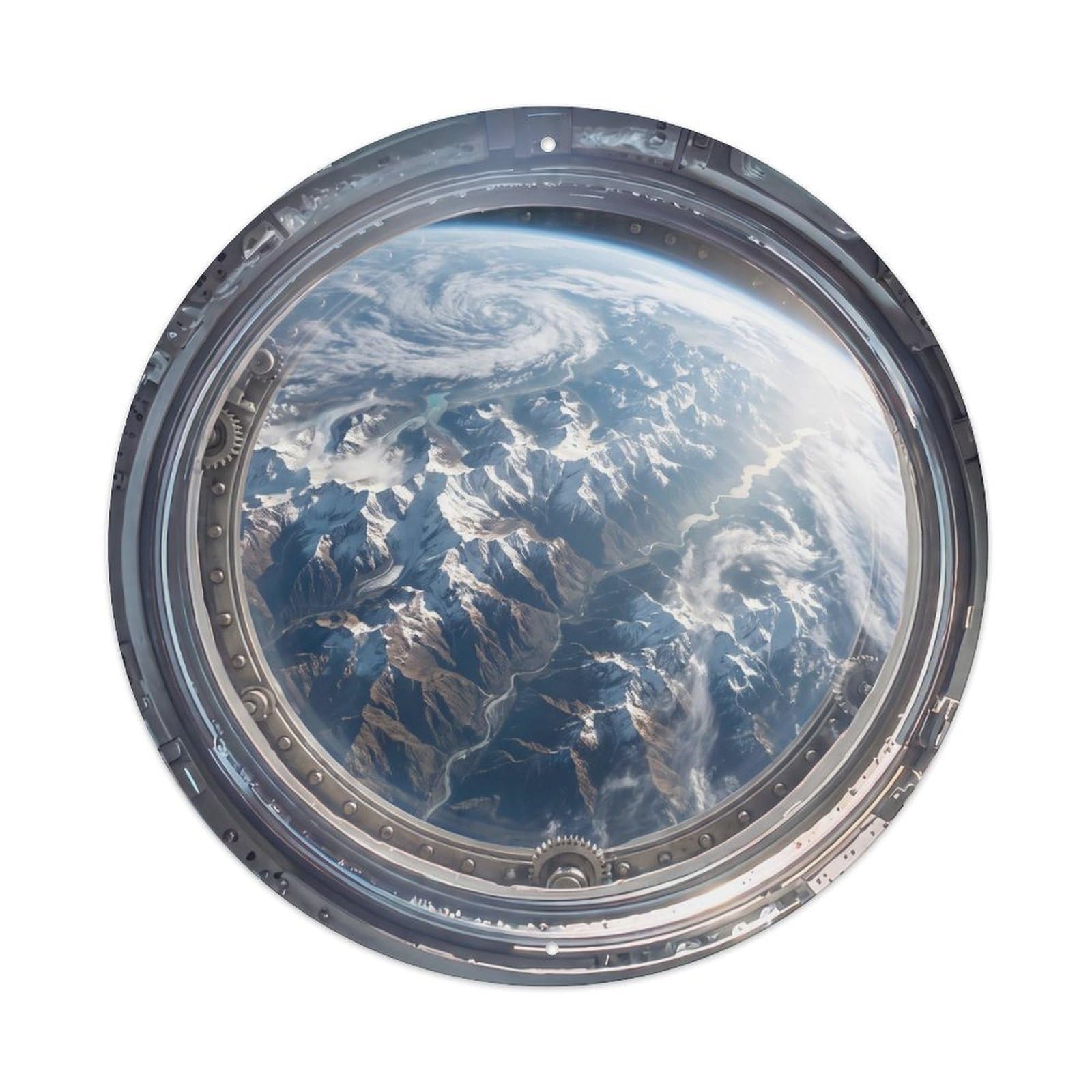Metal Tin Sign Mountain Ranges Earth from Space Station Porthole