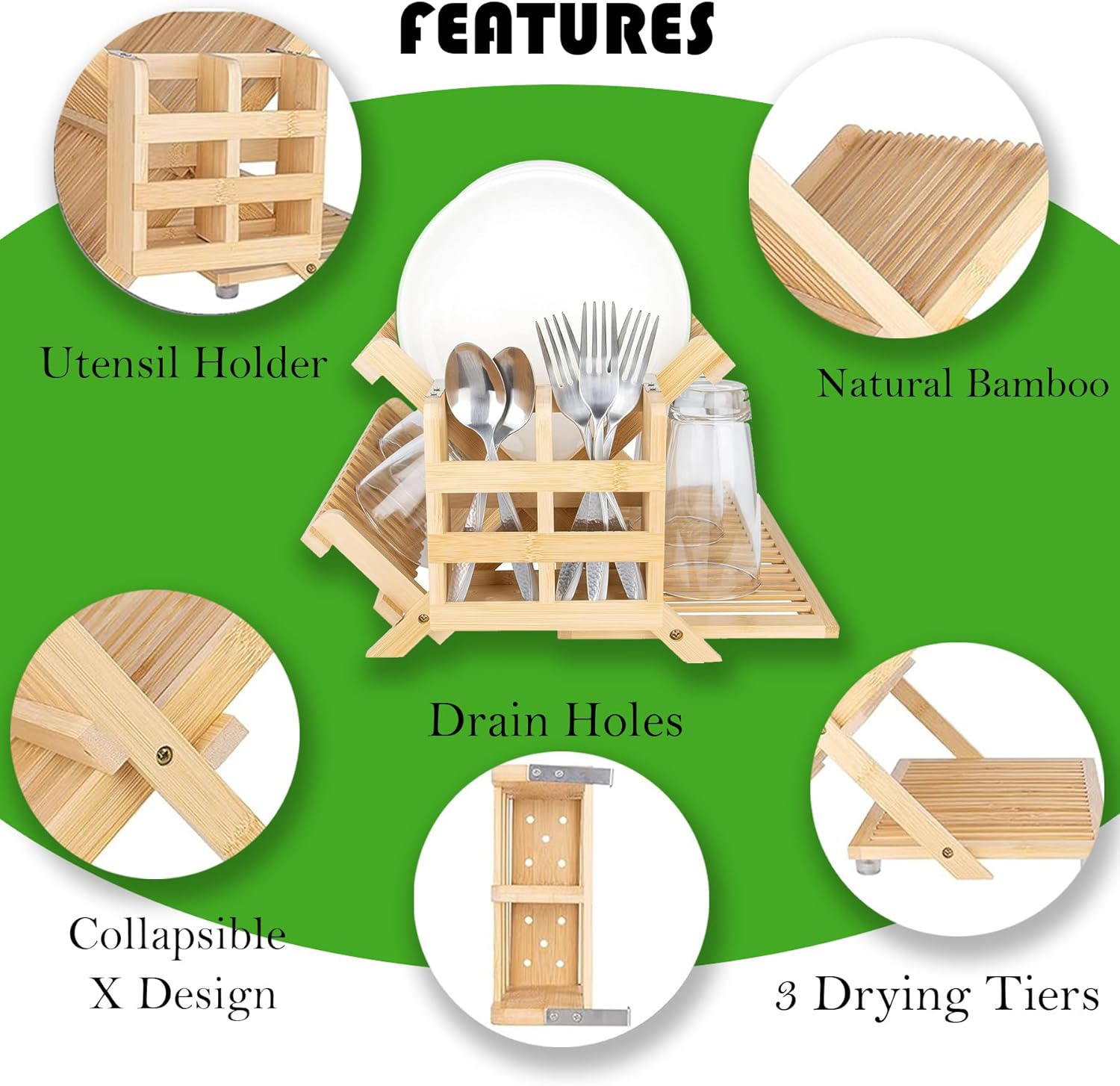 Foldable Bamboo Dish Rack, 3-Tier Wooden Dish Drainer & Utensil Holder for Kitchen - Large Countertop Drying Rack for Dishes and Plates, Natural Compact Storage