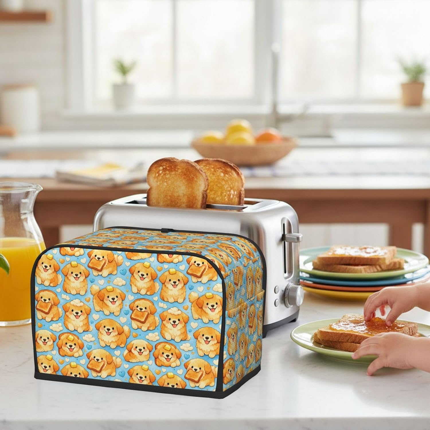 2 Slice Toaster Cover Kawaii Golden Puppy Toast Pattern Water-Resistant Bread Maker Dust Cover with Storage Pocket, Washable Kitchen Appliance Protector, Housewarming Gift, 11.4x7.5x7.9 Inch image 2