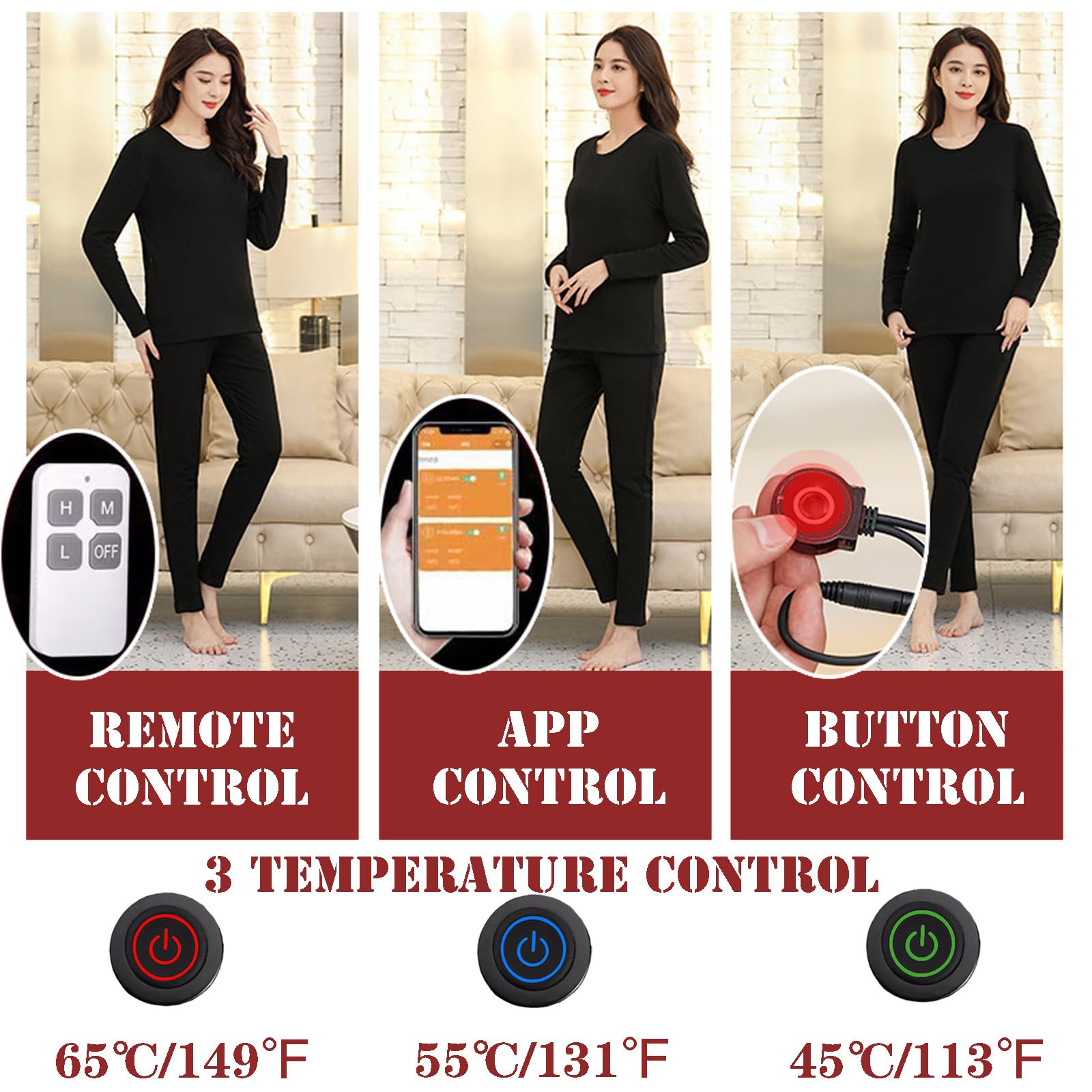 48 Zones sous-Vêtements Thermiques Chauffés avec APP Et Télécommande, Ensemble De Couche De Base Doublée en Molleton