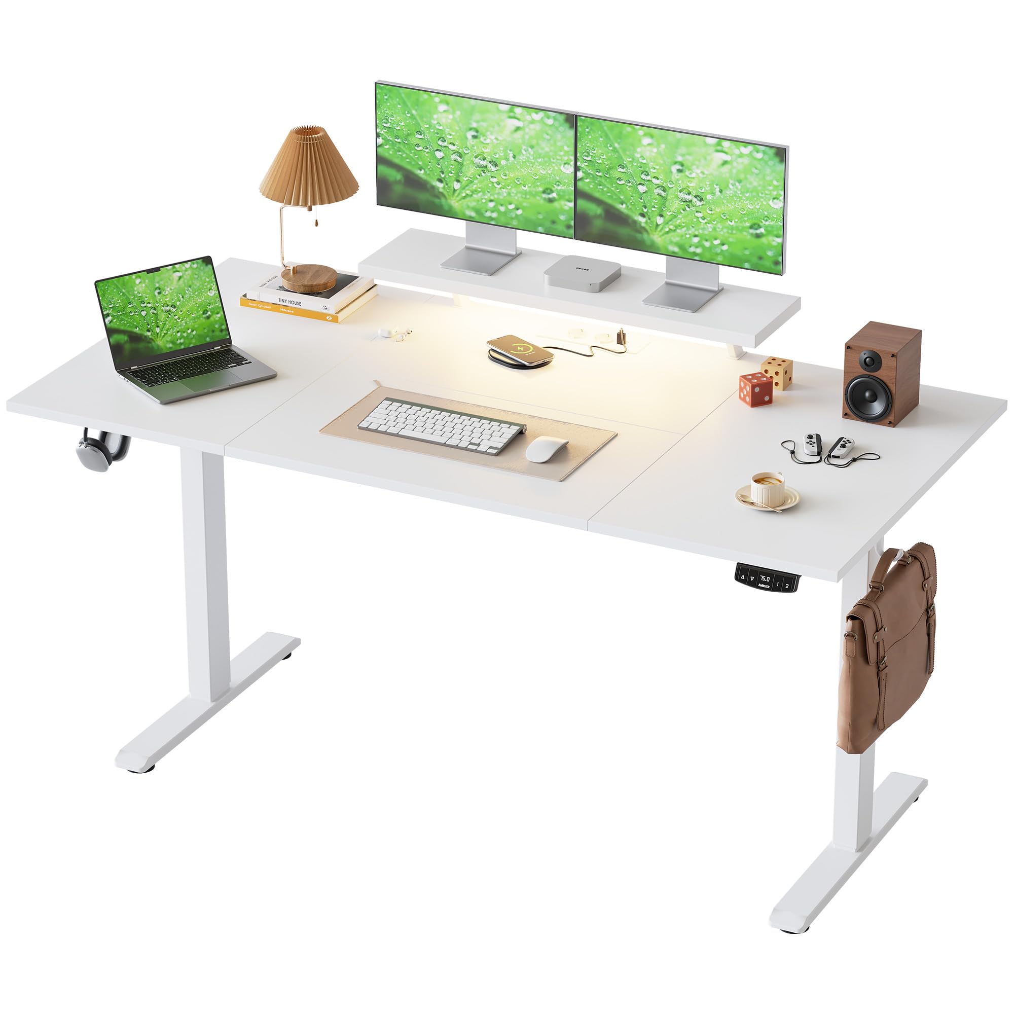 Klicelor Höhenverstellbarer Schreibtisch mit LED&Steckdosen, 160x80cm, Beweglicher Monitorständer für Gaming und Büro, Standing Desk mit 4-teilige Tischplatte, Weiß