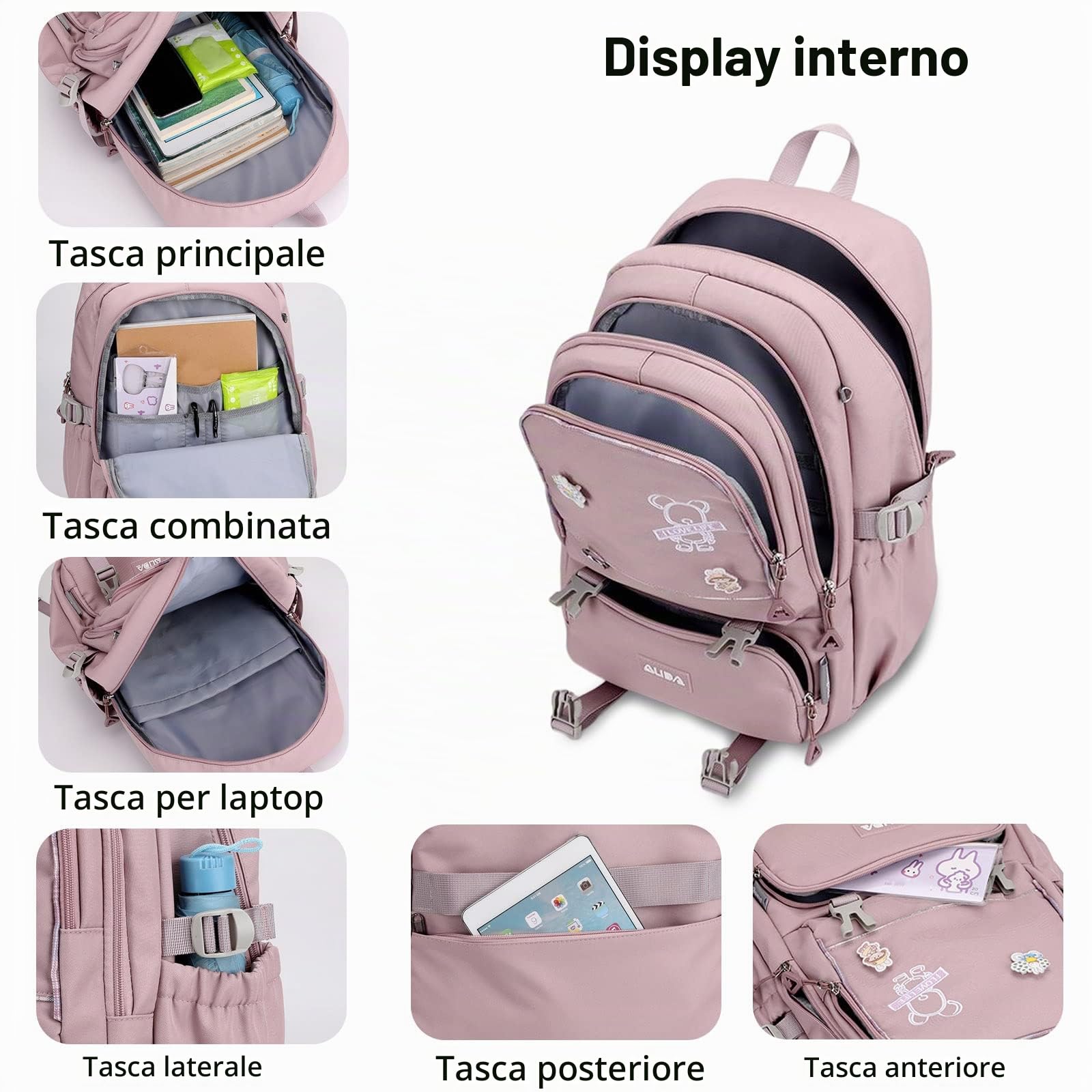 FANDARE Zainetti Cartelle per Scuola Elementare, Zaino Casual per Ragazzi Studenti Scuole primarie Viaggiare, Daypacks con ciondolo in peluche, Impermeabile, Nylon Nero