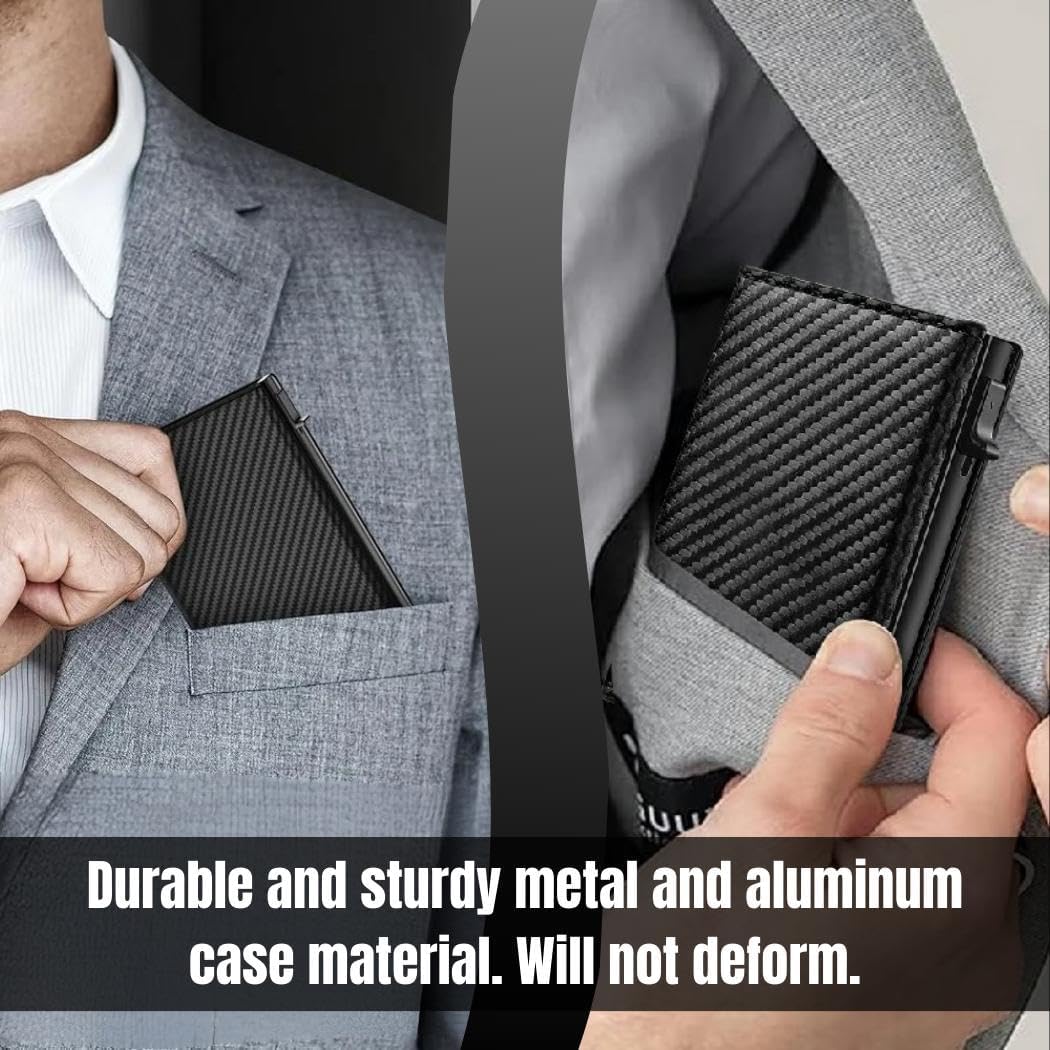 Mens Wallet Card Holder, RFID Blocking, Pop-Up Aluminum Card Case, Slim, Microfiber Leather (Black) | ID Window & Cash Slot | Minimalist Front Pocket Design – 8–14 Cards – Gift Box - Image 7