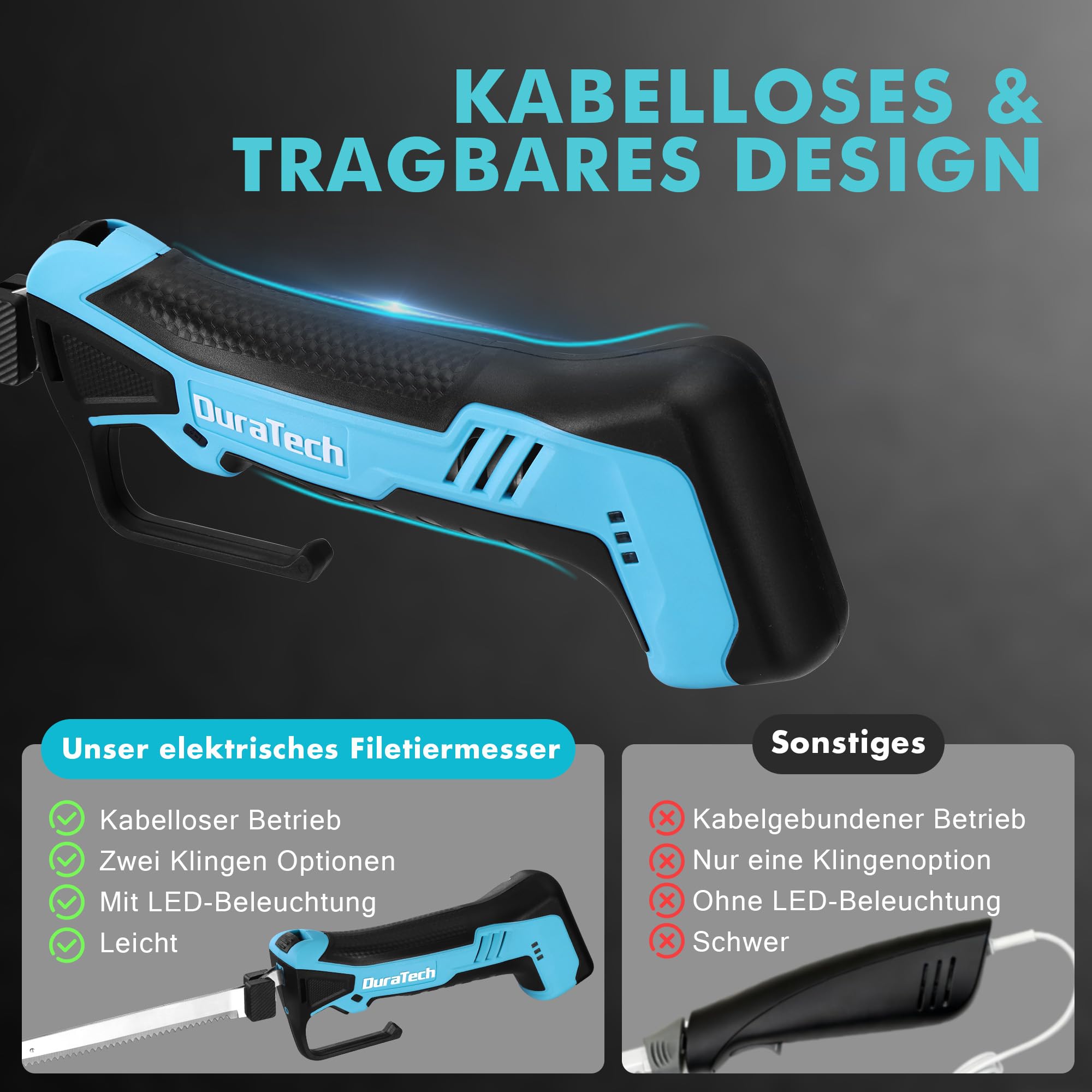 DURATECH Elektromesser Akku Filetiermesser, Kabelloses Fischmesser, 12V Elektrisches Messer Fischfiletiermesser mit 2 Edelstahlklingen, Rutschfestem Griff und Aufbewahrungsbox zum Filetieren von Fisch