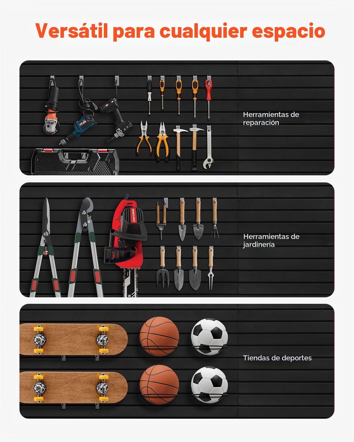 VEVOR Paneles de Pared de Listones 1225 x 2450 x 20 mm, Panel de Listones de Garaje de PVC Diseño Modular con Estructura de Acoplamiento y Corte de Bricolaje para Almacenamiento y Exhibición, Negro