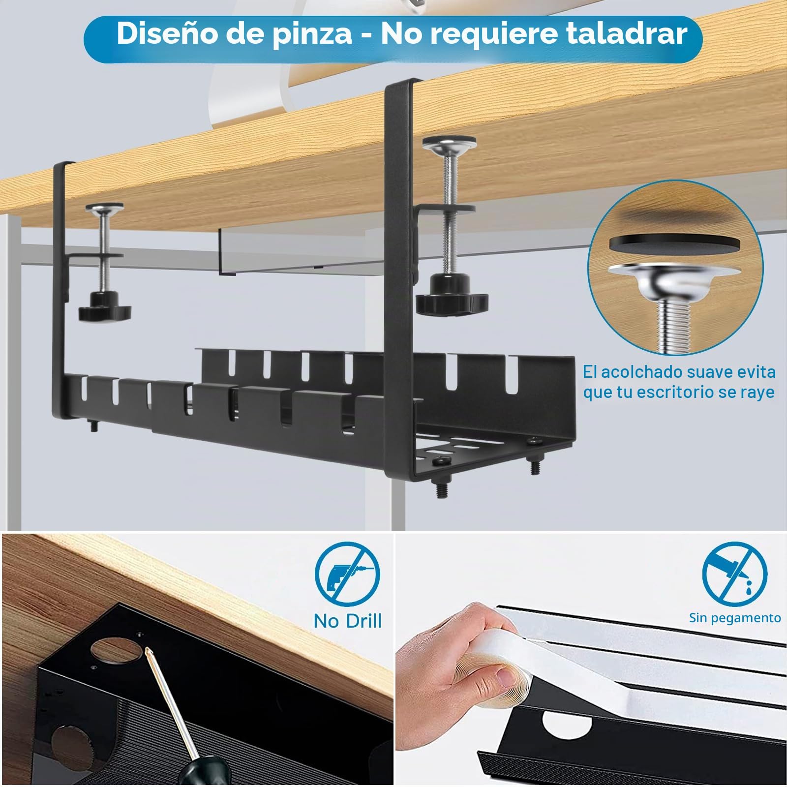 Organizador Cables Escritorio Retráctiles de 28,5CM a 55CM, Bandeja Cables Escritorio sin Taladrar, Gestión de Cables Debajo del Escritorio, Cesta de Bandeja de Cables para Hogar u Oficina