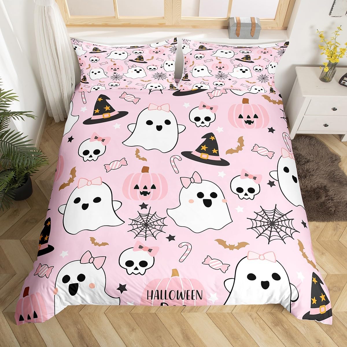 Feelyou Cute Halloween Pink Full Size Bedding Set Decoration Toddlers Teens Adults Pumpkin Ghost Kawaii Duvet Cover Set Kids Autumn Happy Comforter Cover Pink Quilt Cover Soft and Lightweight