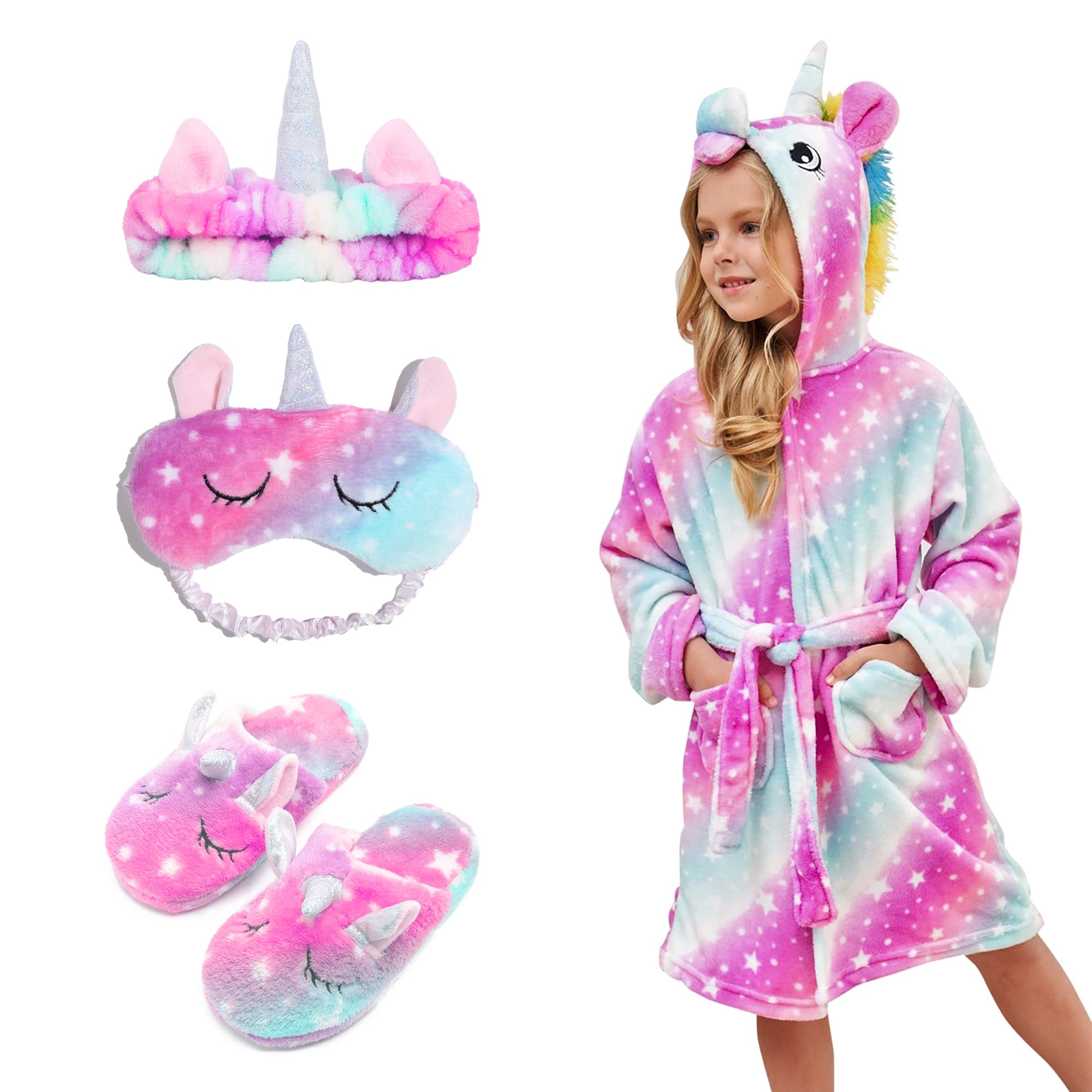 Weicher Einhorn-Bademantel mit Kapuze für Mädchen mit Einhorn-Pantoffeln, Augenbinde und Stirnband - Geschenke für Mädchen