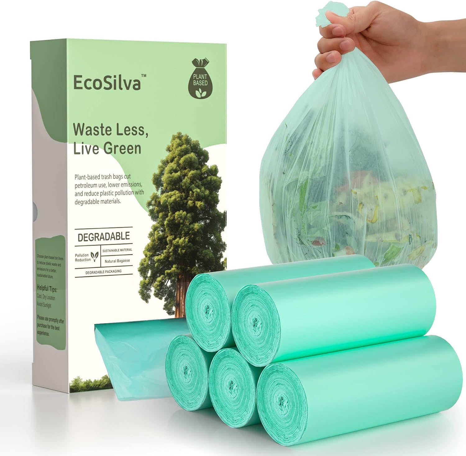 Small Compost Bags 2.6 Gallon Trash Bag, EcoSilva 125 Count Small Compost Bags for Countertop Bin, Compostable Trash Bags 2.6 Gallon Compostable Food Scrap Bag for Kitchen Bathroom Office
