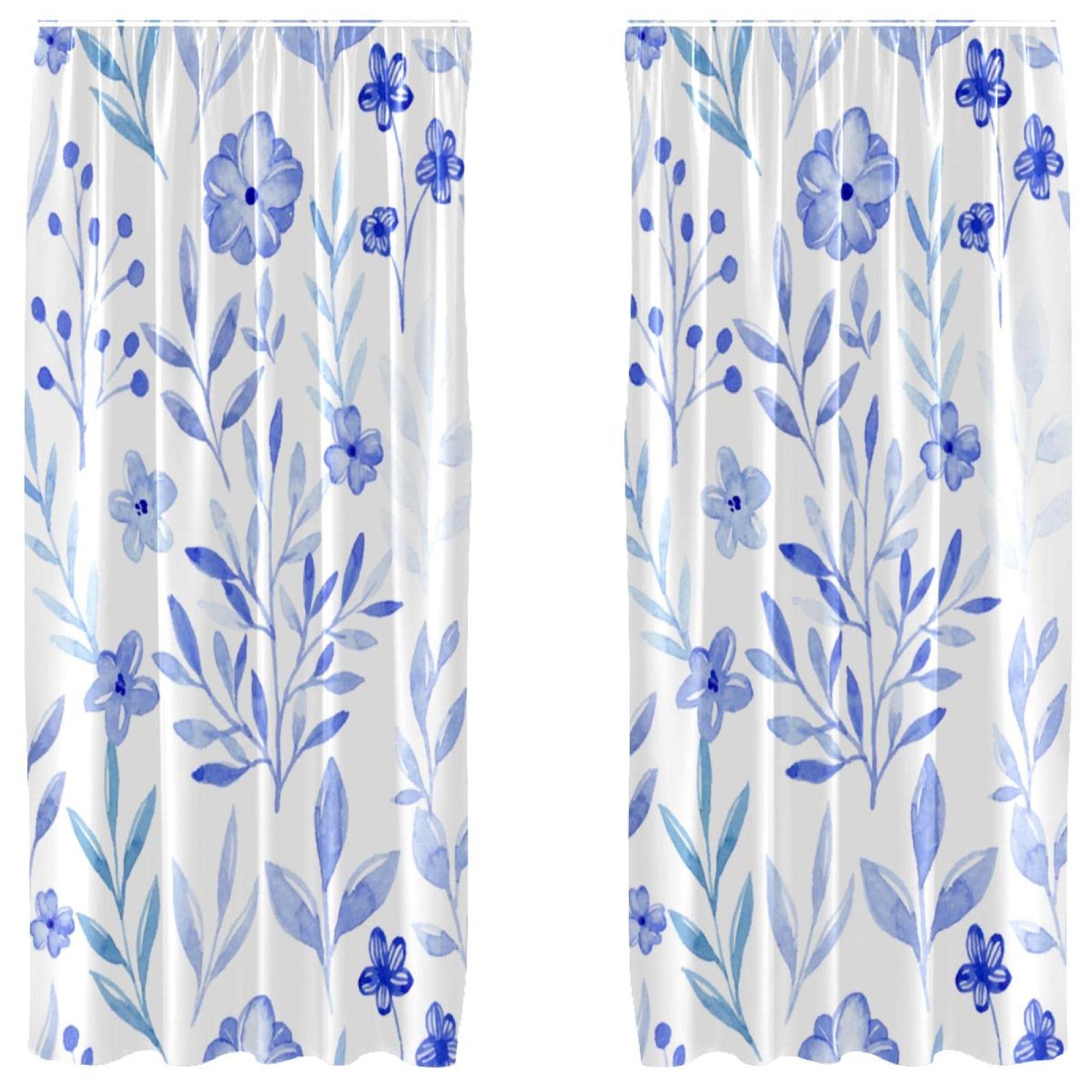 Cortinas para ventana de dormitorio de sala de estar acuarela azul floral 55x84