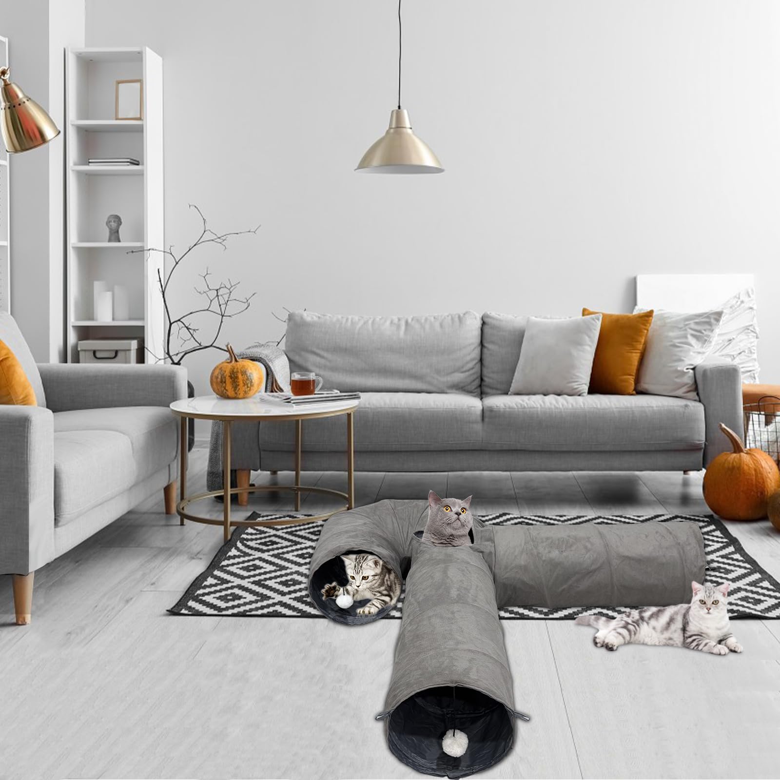 Túnel para Gatos Plegable, Juguete túnel de Gato en Gamuza, Juguete con Pompón y Colgante para Gato, Gran túnel para Gato de Interior Conejos, para Gatos,Cachorros,Conejos,Cobayas (U-Gris)